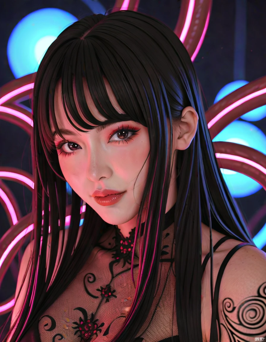 Black style, beautiful Japan girl,close up, dynamic action, long hairstyle, shiny, anatomy correct, rich background, film shooting, depth of field, super visual, HR Giger art, Beksinski art, blend in detail, skeleton, smoke, dark horror scene, sharp images, edge lights, terrifying environment, tentacles, twist, pulsate, neon lights, HDR lighting, complex shadows, distorted, mutant humanoid, surreal, dreamlike, fantasy creation, snail, biopunk nautilus, thrilling color scheme, amazing mutation, fractal, geometric pattern, transparent tentacles, luminescent organ ,Xill，