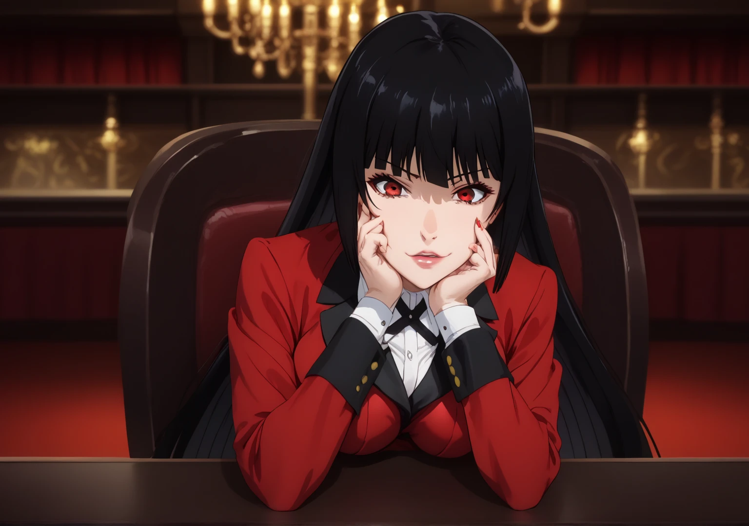 (( top quality )), (( Masterpiece)), (Familiar with),  perfect face, background, Casino, Kakegurui, Jabami Yumeko,  school uniform, Bangs,  Red Long Sleeve Outerwear, Black hair, Red eyes,  black eye, Black skirt, Black long tights , sit, Use your hands to rub your face