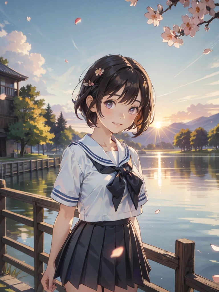 ((upper body)), black hair, short hair, best quality, (masterpiece:1.2), highly detailed, upper body, 1girl, solo, standing, looking at the viewer, smile, teeth, serafuku, black skirt, pleated skirt, ((mini skirt)), ((thighs)),cowboy shot, short sleeves, Outdoors, depth of filed, Light on Face, Portrait, sun light, skyporn, Smile, gloweyes, Lens Flare, Rural, country,Floating hair, flower, tree, lake, A hill, cloud, cherry blossoms fall, ((Background of falling petals))