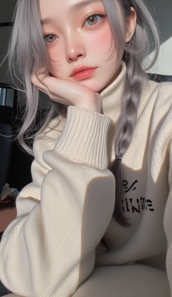  one woman、１Four Talents、Cozy turtleneck sweater、Upper body angle、 very cute 、Perfect looks、 braided 、Grey Hair、The glare of the sun、 written on it、 blurry background、Particles of light、Strange Wind、 High Quality、 best quality、 ultra high resolution、 Masterpiece」