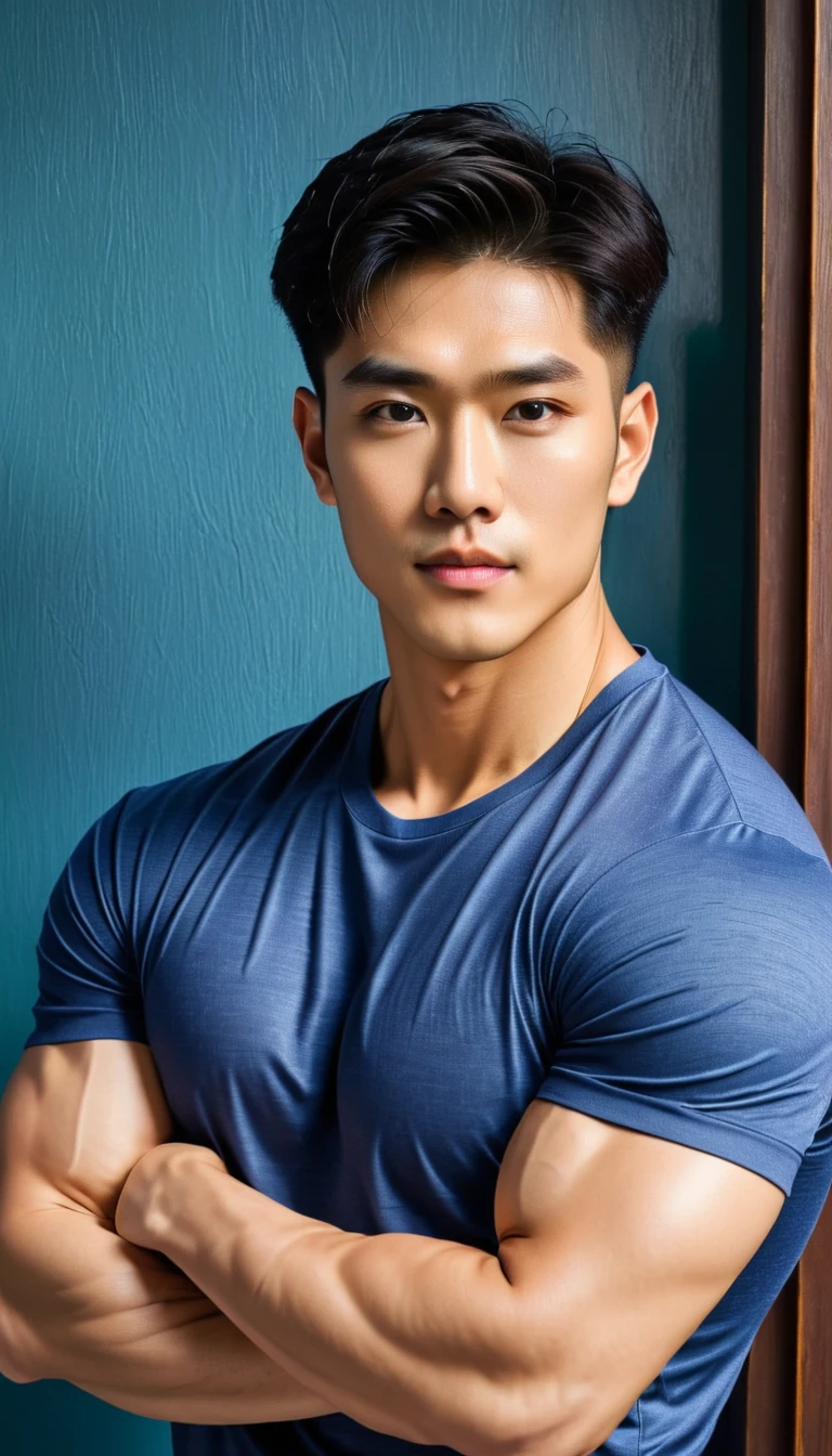 (orimale),orihansome, malekorea handsome ,chest muscles,large arm muscles,blood vessel,,Broad shoulders, wear t-shirt navy no logo and jeans 