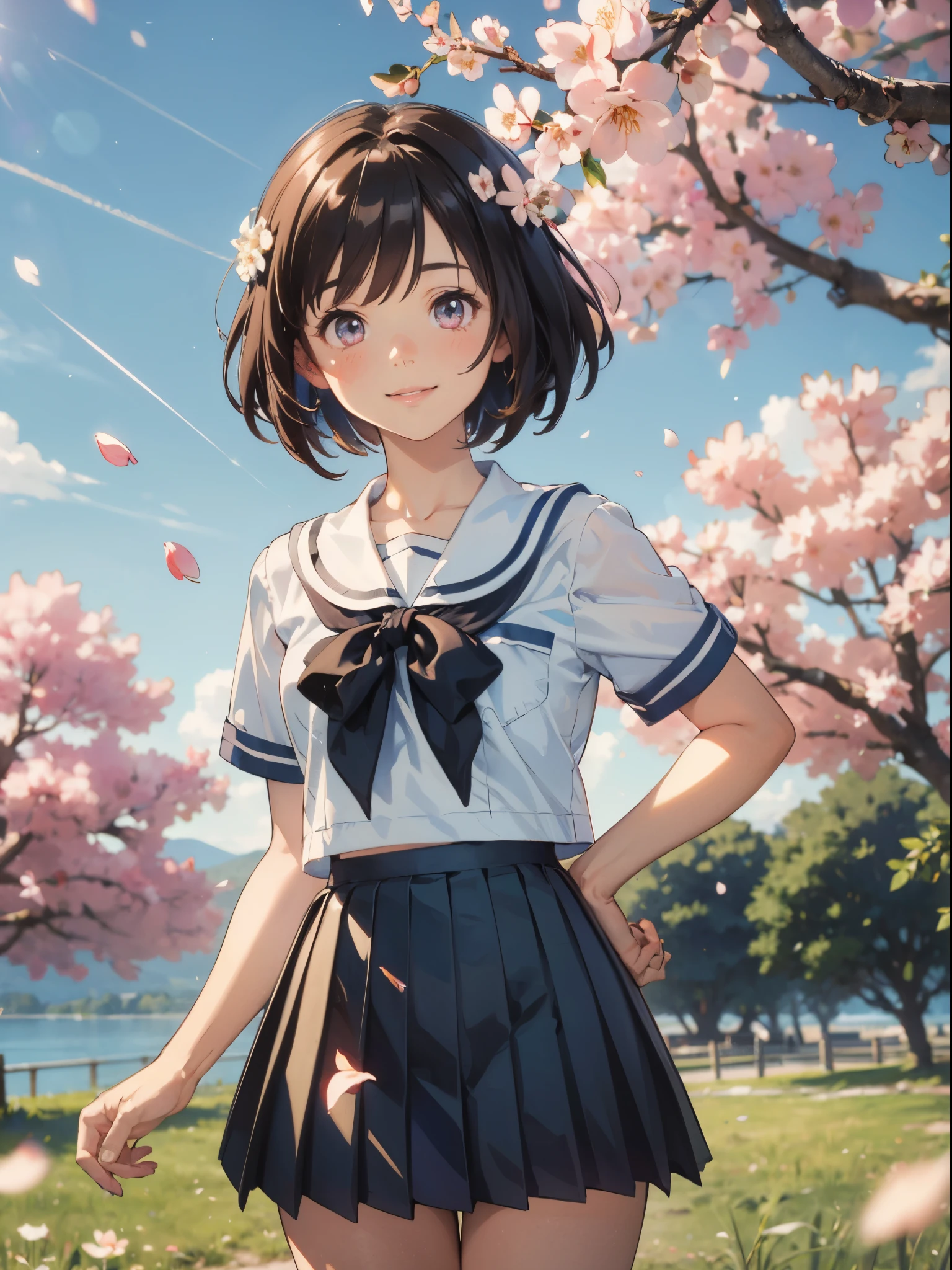 ((upper body)), black hair, short hair, best quality, (masterpiece:1.2), highly detailed, upper body, 1girl, solo, standing, looking at the viewer, smile, teeth, serafuku, black skirt, pleated skirt, ((mini skirt)), ((thighs)),cowboy shot, short sleeves, Outdoors, depth of filed, Light on Face, Portrait, sun light, skyporn, Smile, gloweyes, Lens Flare, Rural, country,Floating hair, flower, tree, lake, A hill, cloud, cherry blossoms fall, ((Background of falling petals))