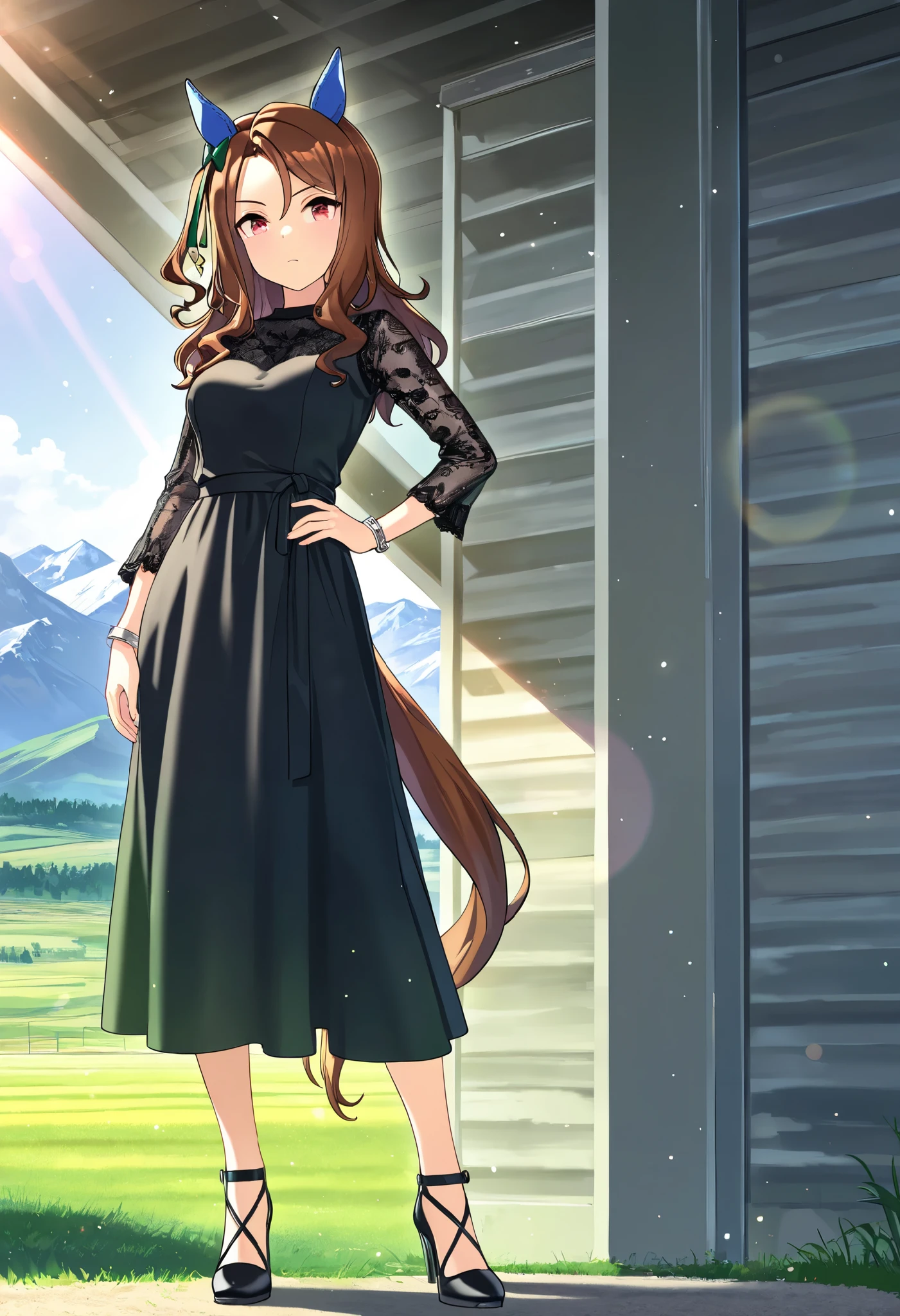 masterpiece,best_quality, king halo (umamusume), 1girl, horse ears, horse tail, full body, hand on hip, looking at viewer, black dress, one side up, blue ear covers, green ear bow, black high heels, casual, silver bracelet, black lace sleeves, green vertical stripes light rays,lens flare,light particles,beautiful detailed eyes,outdoor, grassland,mountain,cowboy shot