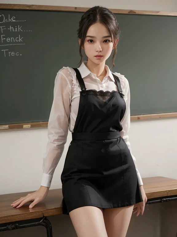 shape dark brown dress ,  white guipure lace apron  schoolgirl standing at the blackboard in class, answers lesson ,  realistic photo of the 70s , 