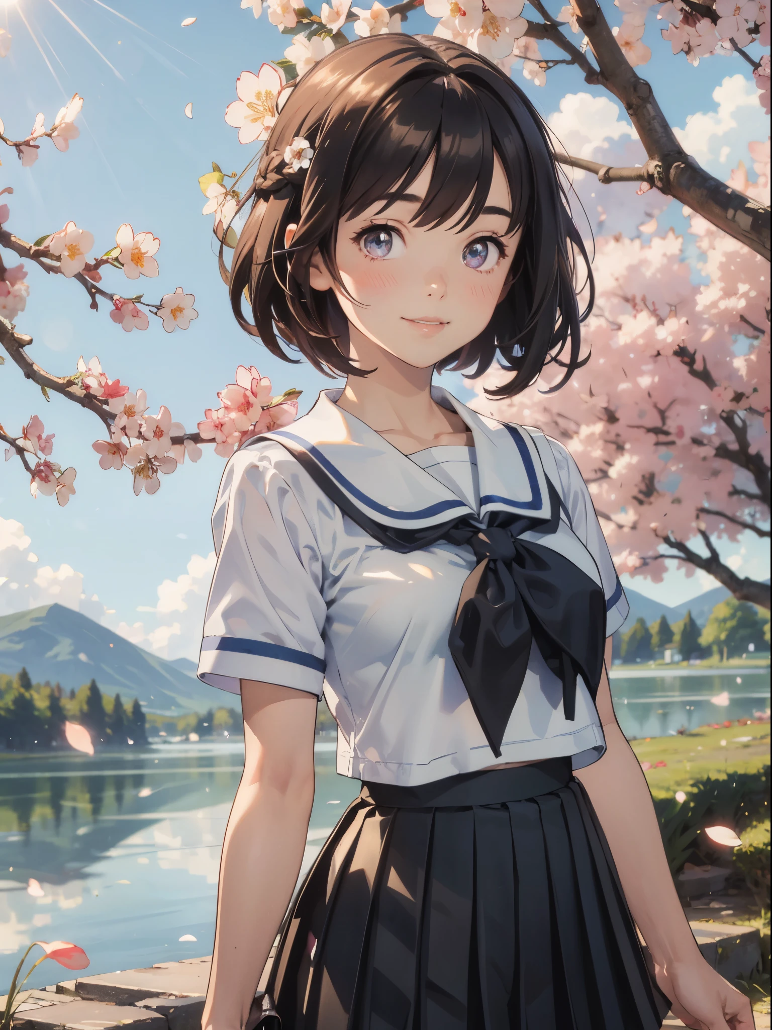 ((upper body)), black hair, short hair, best quality, (masterpiece:1.2), highly detailed, upper body, 1girl, solo, standing, looking at the viewer, smile, teeth, serafuku, black skirt, pleated skirt, ((mini skirt)), short sleeves, Outdoors, depth of filed, Light on Face, Portrait, sun light, skyporn, Smile, gloweyes, Lens Flare, Rural, country,Floating hair, flower, tree, lake, A hill, cloud, cherry blossoms fall, ((Background of falling petals))