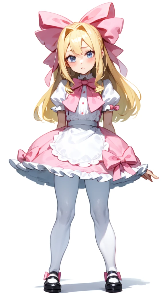 blonde hair, bow, pink bow, blue eyes, hair bow, Alone,  1 girl , skinny ,White tights, full body is shown