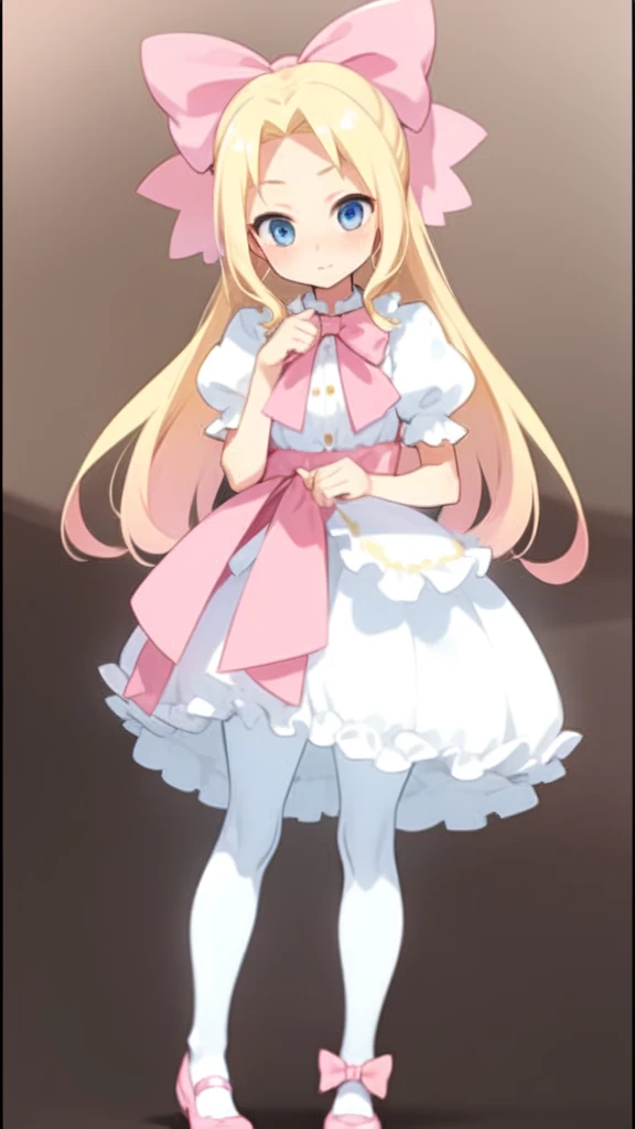 blonde hair, bow, pink bow, blue eyes, hair bow, Alone,  1 girl , skinny ,White tights, full body is shown