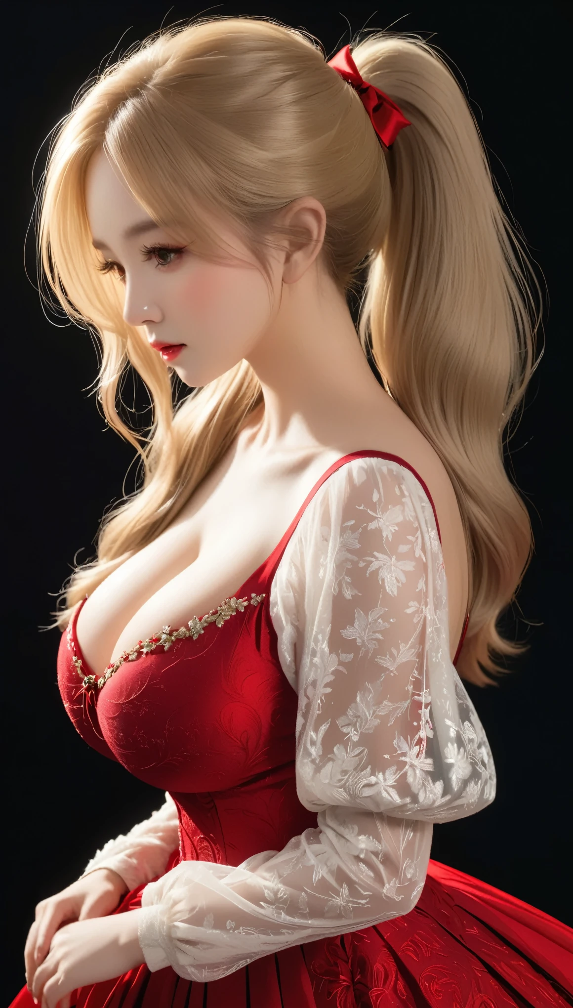 light particles, soft lighting, volumetric lighting, intricate details, finely detailed,1girl, solo, full body shot, (beautiful and ample breasts:1.5) and a huge waist,blonde hair, long hair, high ponytail,red eyes, long eyelashes, thick eyelashes, looking at viewer,red dress, ornate dress, backless dress, puffy sleeves, juliet sleeves, (long sleeves:1.2), red bow,black background, simple background, from side,