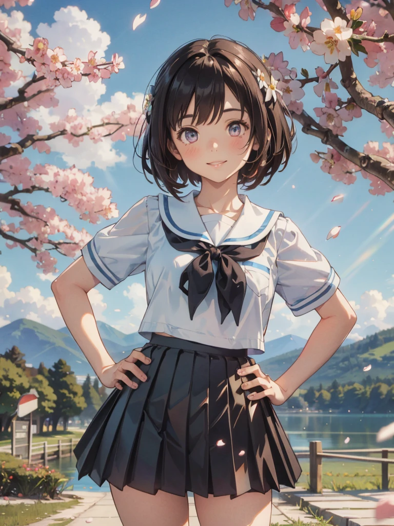 ((upper body)), black hair, short hair, best quality, (masterpiece:1.2), highly detailed, upper body, 1girl, solo, standing, looking at the viewer, smile, teeth, serafuku, black skirt, pleated skirt, ((mini skirt)), ((thighs)),cowboy shot, short sleeves, (hand on hip:1.2),  Outdoors, depth of filed, Light on Face, Portrait, sun light, skyporn, Smile, gloweyes, Lens Flare, Rural, country,Floating hair, flower, tree, lake, A hill, cloud, cherry blossoms fall, ((Background of falling petals))