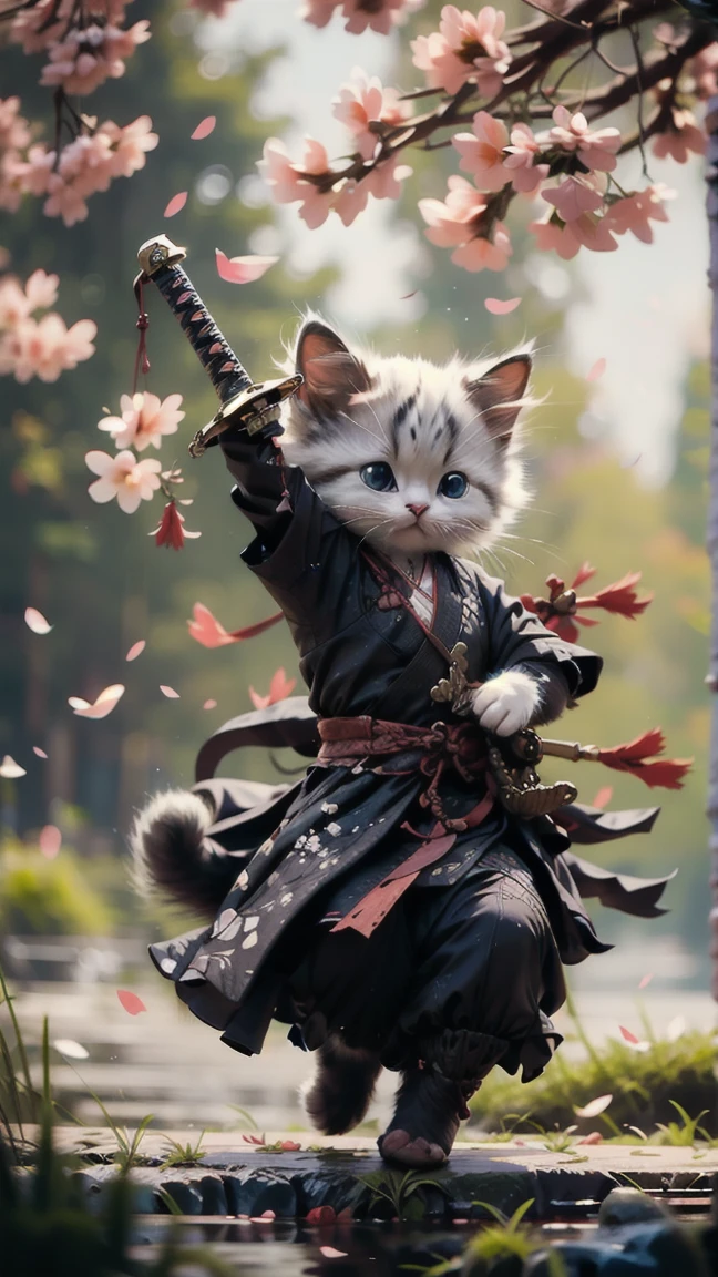 Best quality, masterpiece, ultra high res, raw photo, beautiful and aesthetic,deep shadow, dark theme,(photorealistic:1.4),
White kitten, Hanfu, Chinese calligraphy, chinese clothes, holding weapon, holding sword, sakura,
Graceful poise, evocative atmosphere, magnetic presence, refined seduction, captivating mystique,
Intricate zentangle patterns, a single female figure, astonishing level of detail, generously endowed, striking perspective, a chaotic masterpiece, gracefully poised, vibrant color palette, ((outdoors)), inspired by rococo architecture