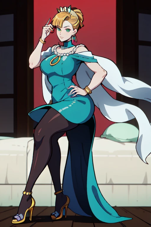 A single full-length woman standing at a symmetrical low angle, from below, barefoot, smiling lustfully with red blush, hands on hips, big knockers
