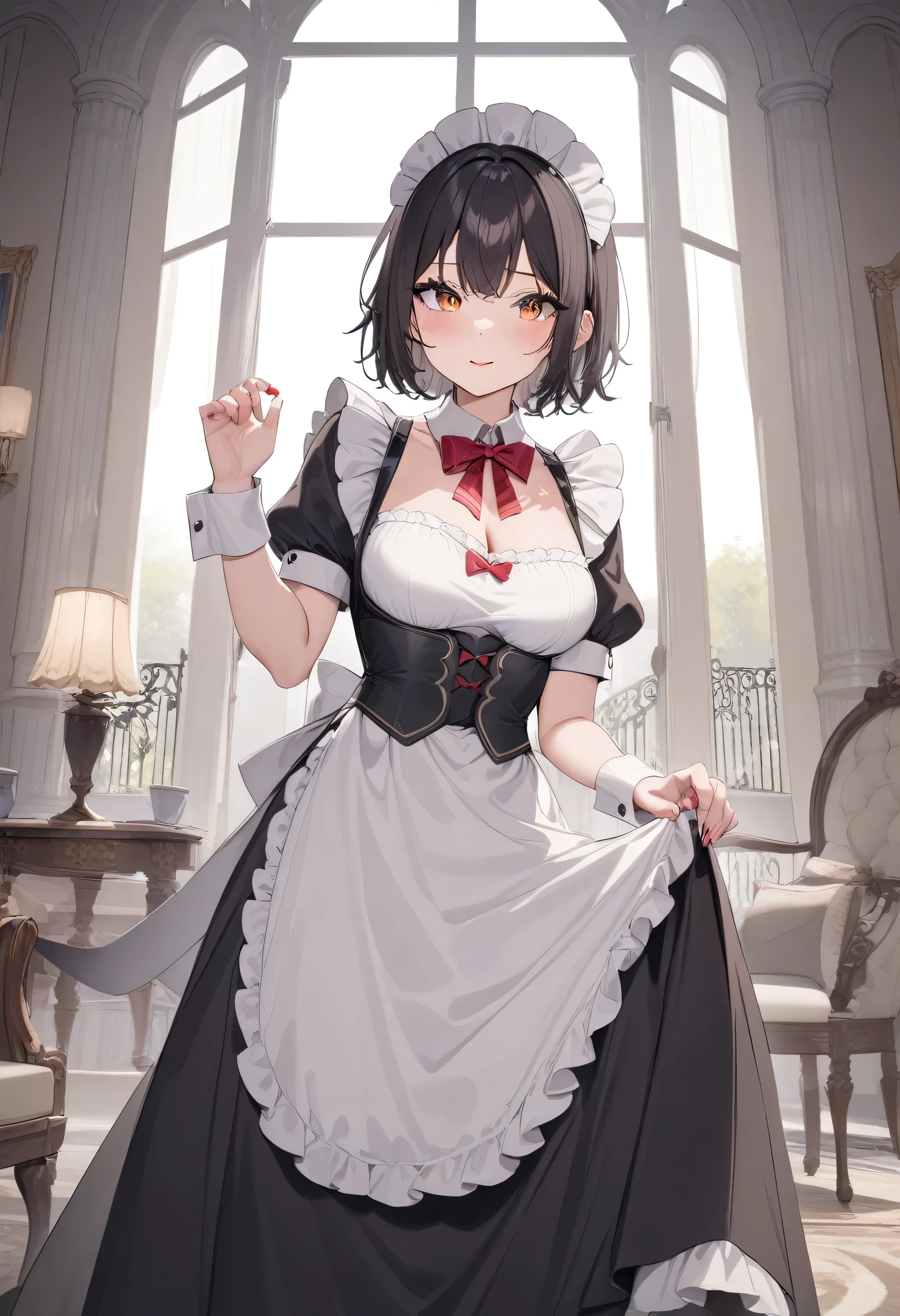 ((masterpiece)), ( high resolution), 1 woman,  Amber Eyes ,  dark hair ,  short hair that takes me to the neck, Maid Uniform, long skirt ,  beautiful fantasy , mansion, mature,  attractive , pretty