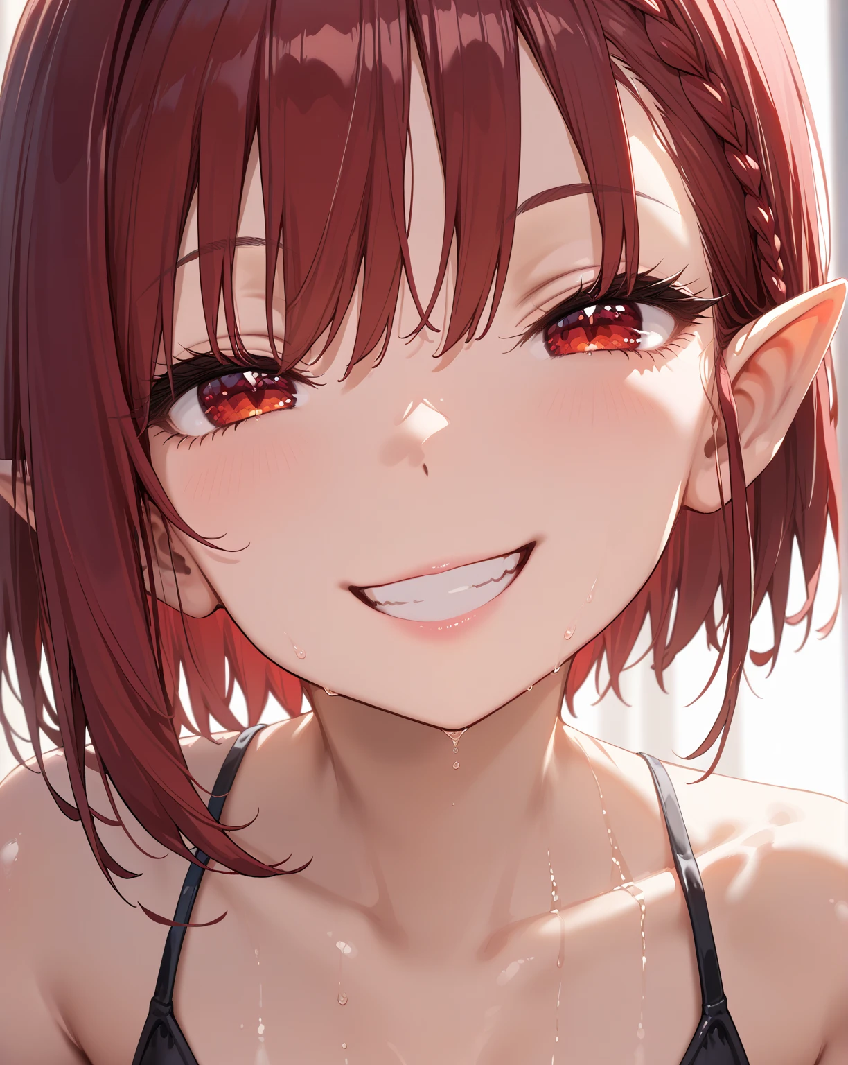 full-length, (((1girl, solo))), elf, elf ears, (cute face), (focusing on face), (Ideal body proportions), ((Composition from head to thigh)), black bikini suit, Drenched shortcut blond hair, (scarlet clear red eyes, tsurime), The erection, Carmelto, Sexy body, grin smile, short-hair, blond hair with burgundy tips of hair, burgundy ends of hair, shiny skin, oiled skin, slenderness, Small buttocks, Beautiful legs, Skinny Legs, One-person viewpoint, masterpiece, ((Anatomically correct)), (portrait:1.4), (((close-up))), (focusing on eyes)