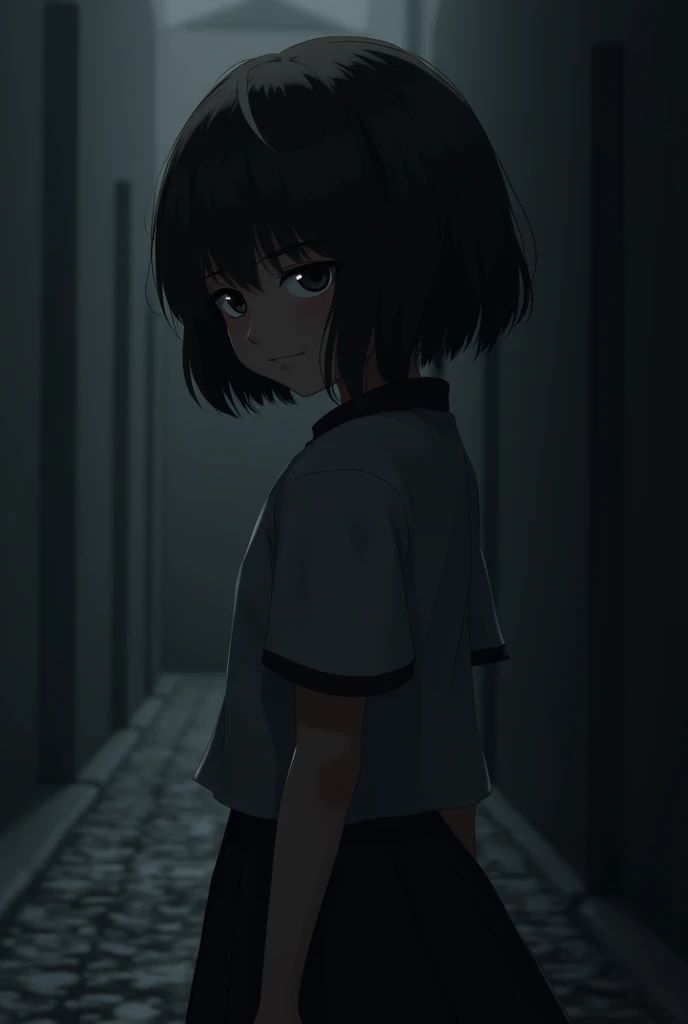 child turned around in a dark dress with a bow in her hair