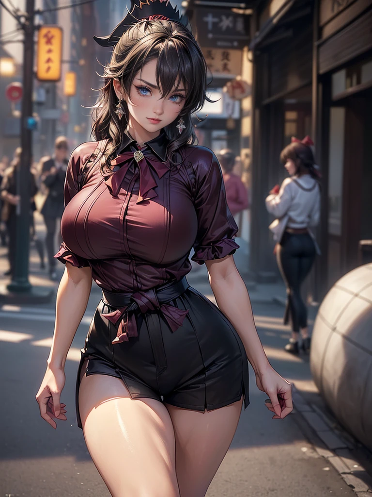 Hailee Steinfeild, dark brown hair, ponytail, , masterpiece, best quality, high resolution, unity 8k wallpaper, illustration, beautiful detailed eyes, blush, glossy lips, lips parted, perfect lighting, extremely detailed CG, perfect anatomy, standing, city street, maid, cleavage, thigh highs, high heels, maid apron