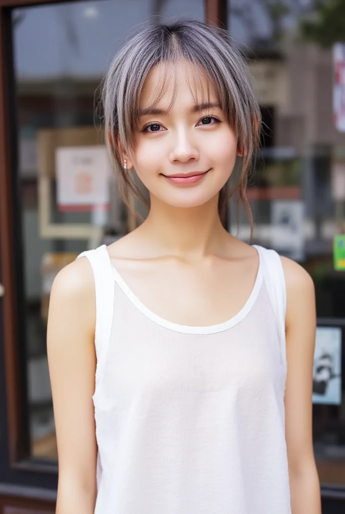 Midsummer day in New York, close-up portrait of Asian woman from waist up, belly, bright eyes, piercings, punk, grey hair, colorful, very thin, healthy, small chest, muscular, weathered, heavy eyeliner, eyes, defined cheekbones, sculpted jawline, ((very large bust:1.6)), elegant, beautiful woman in (white oversized tank top with plunging sides:1.4) and (low rise jeans:1.4) looks at viewer with a refreshing smile, (exposed flank), natural beauty, magnetic, charismatic, versatile, reflected light in front of large glass windows of upscale New York cafe, blurred background