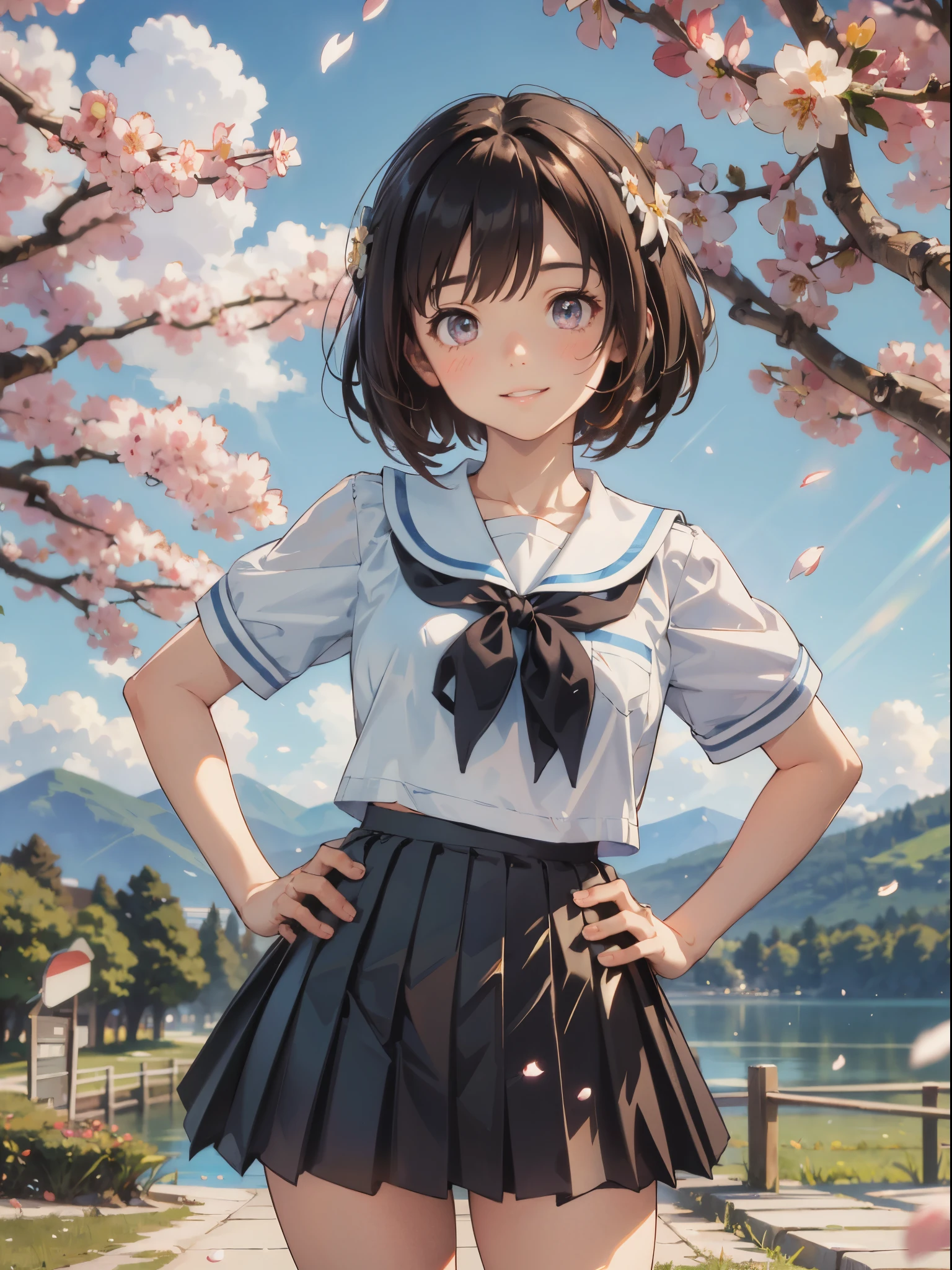 ((upper body)), black hair, short hair, best quality, (masterpiece:1.2), highly detailed, upper body, 1girl, solo, standing, looking at the viewer, smile, teeth, serafuku, black skirt, pleated skirt, ((mini skirt)), ((thighs)),cowboy shot, short sleeves, (hand on hip:1.2),  Outdoors, depth of filed, Light on Face, Portrait, sun light, skyporn, Smile, gloweyes, Lens Flare, Rural, country,Floating hair, flower, tree, lake, A hill, cloud, cherry blossoms fall, ((Background of falling petals))