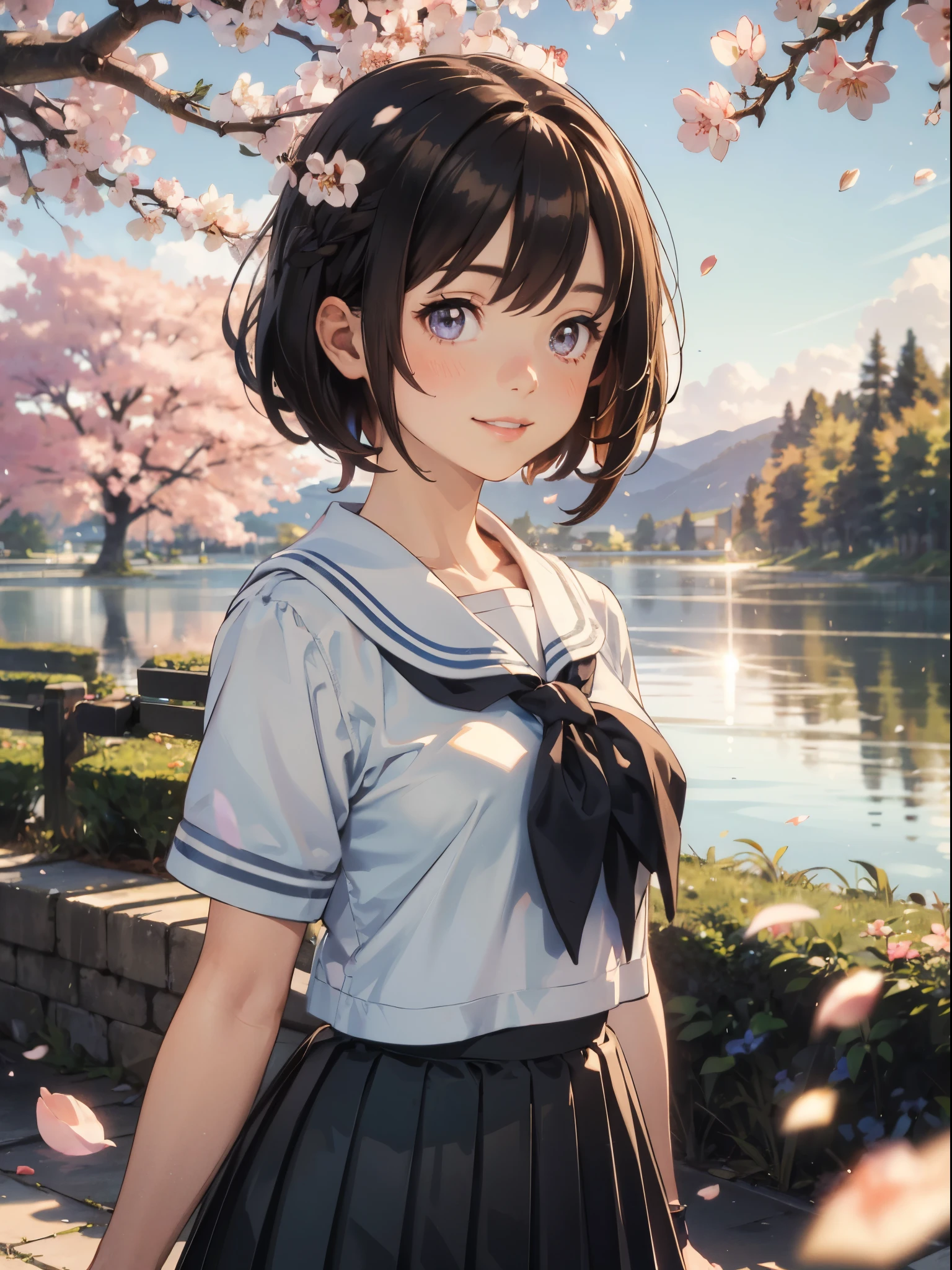 ((upper body)), black hair, short hair, best quality, (masterpiece:1.2), highly detailed, upper body, 1girl, solo, standing, looking at the viewer, smile, teeth, serafuku, black skirt, pleated skirt, ((mini skirt)), short sleeves, Outdoors, depth of filed, Light on Face, Portrait, sun light, skyporn, Smile, gloweyes, Lens Flare, Rural, country,Floating hair, flower, tree, lake, A hill, cloud, cherry blossoms fall, ((Background of falling petals))