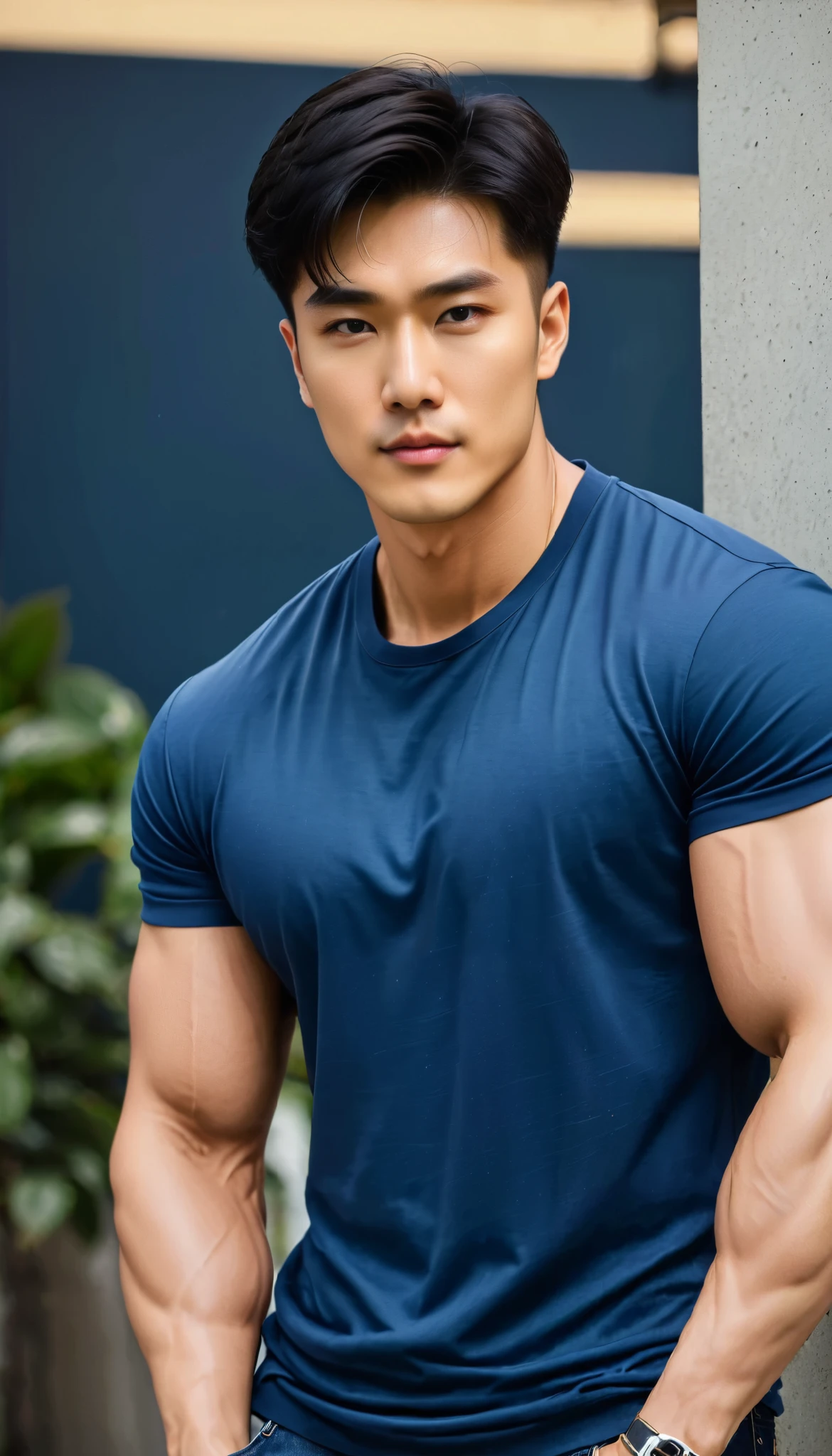 (orimale),orihansome, malekorea handsome ,chest muscles,large arm muscles,blood vessel,,Broad shoulders, wear t-shirt navy no logo and jeans 