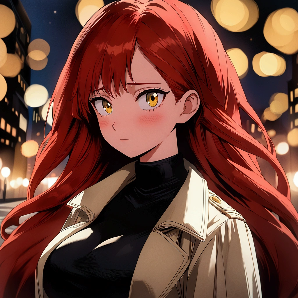 1 female, standing, ((sad expression)), ((very long red hair)), cute eyes, yellow eyes, long eyelashes, large breasts, white trenchcoat, black turtleneck sweater, (on a sidewalk), night time, city lights, (bokeh), portrait, detailed, masterpiece, ultra HD, anime style, (my hero academia art style)