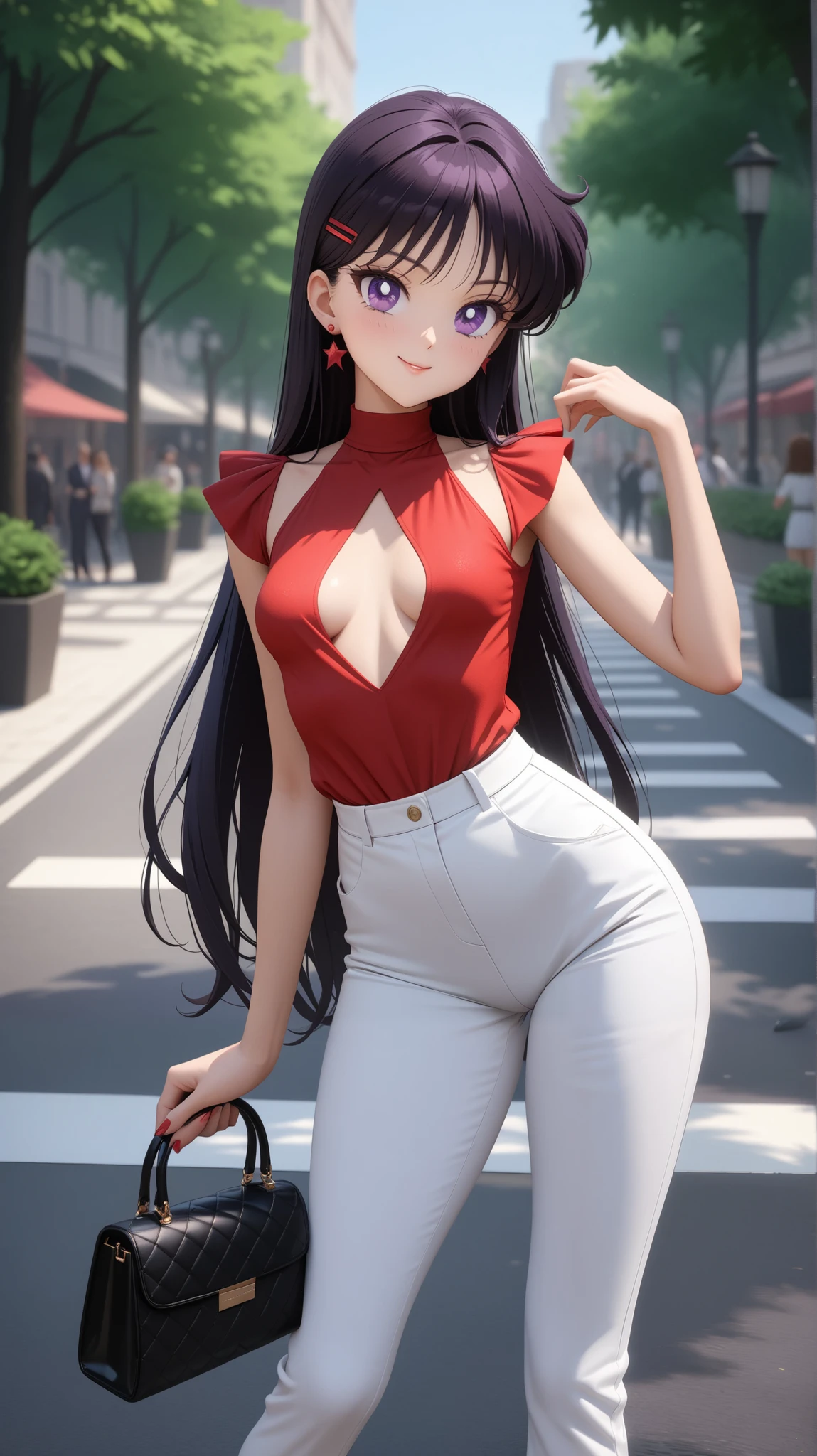 (masterpiece), best quality, very aesthetic, ultra detailed, complex details, 4K, aamars, black hair, purple eyes, small breasts, hair clip, bright red business shirt up to the neck and with a cutout, white formal trousers, women's handbag, high heels, street park, standing sexy poses, smile