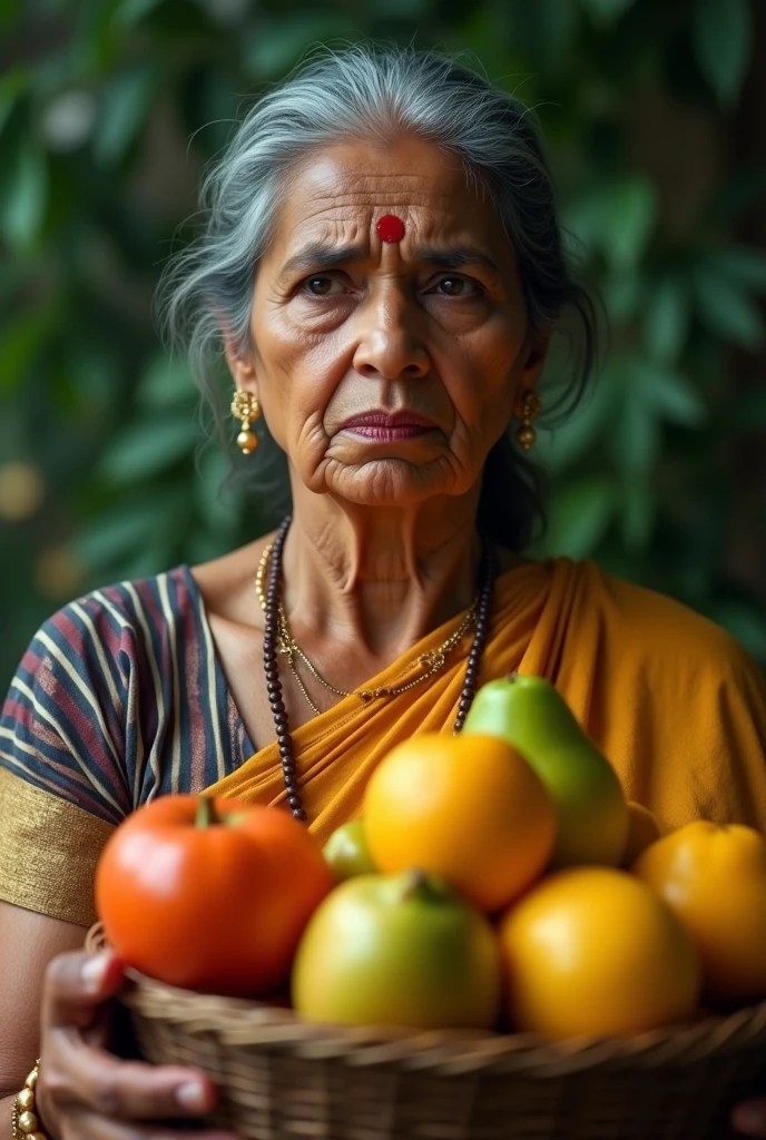 An elderly woman in a rural village assembling a beautiful idol of Goddess Durga with an assortment of fresh vegetables