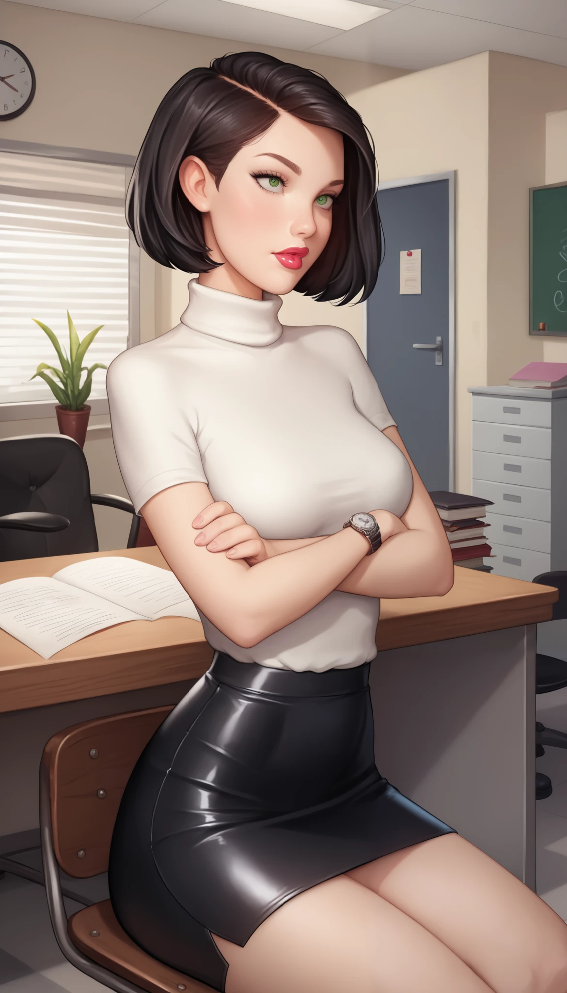 (medium full shot) of  (supermodel school teacher) young woman, french, bright green eyes, light skin, petite, straight bob cut hair, wearing a off-white white turtleneck sweater, wool skirt, stylish pumps, tasteful wristwatch, soft lipstick, arms crossed, set in Principal's Office at school, Professional space with a large desk, leather chair, filing cabinets lining the walls, diplomas and awards displayed, a phone on the desk, a nameplate on the door, at sunset, Masterpiece, best quality, photorealistic, amazing quality, very aesthetic, extremely detailed face, legs focus