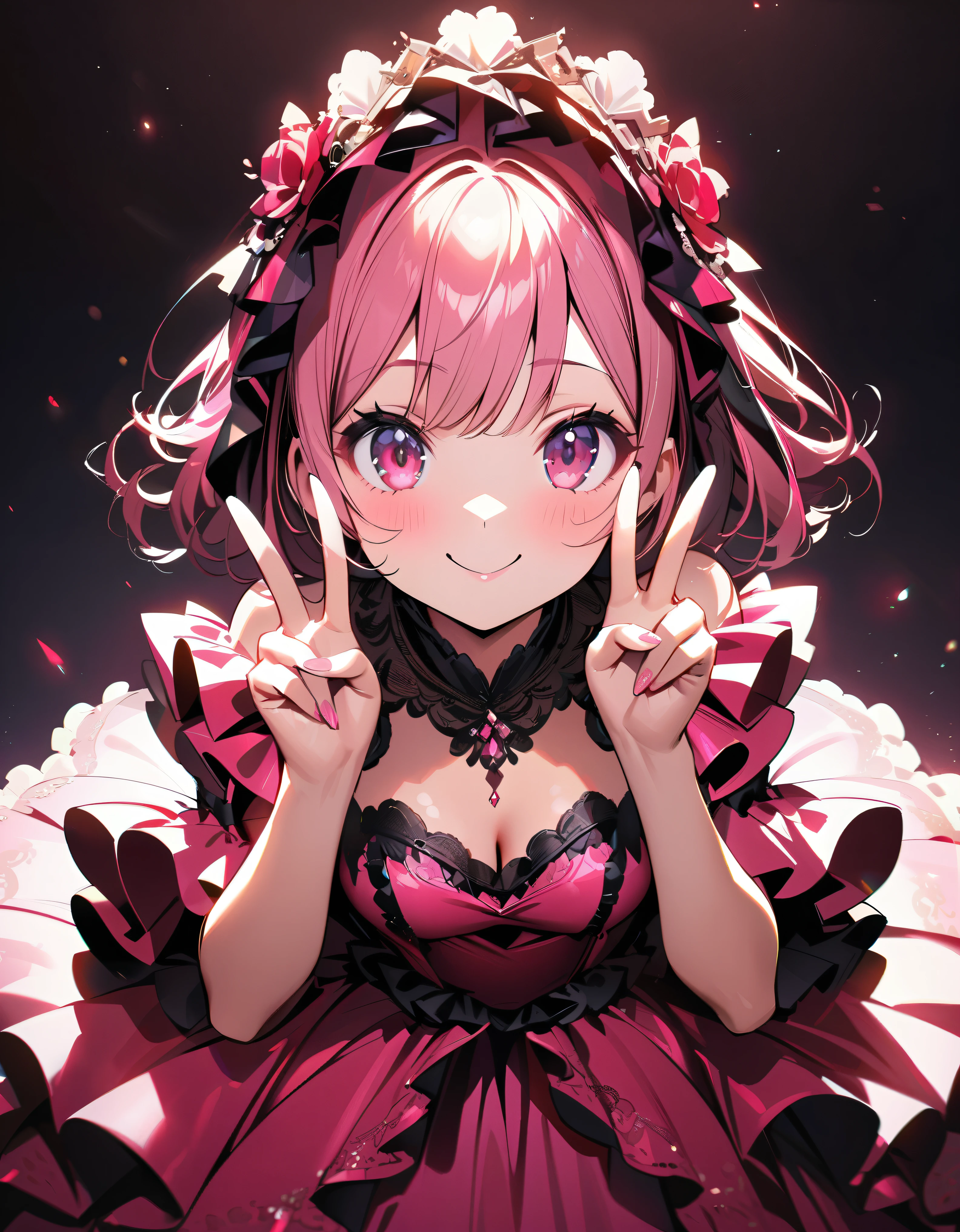 (((ultra detailed, highest quality, high resolution))),one anime girl, kawaii face, hot pink gown, gorgeous frills gown, delicate and transparent satin lace fabric, intricate details, portrait, happy smile, looking at viewer, leaning forward, from front view, double v, cowboy shot, 