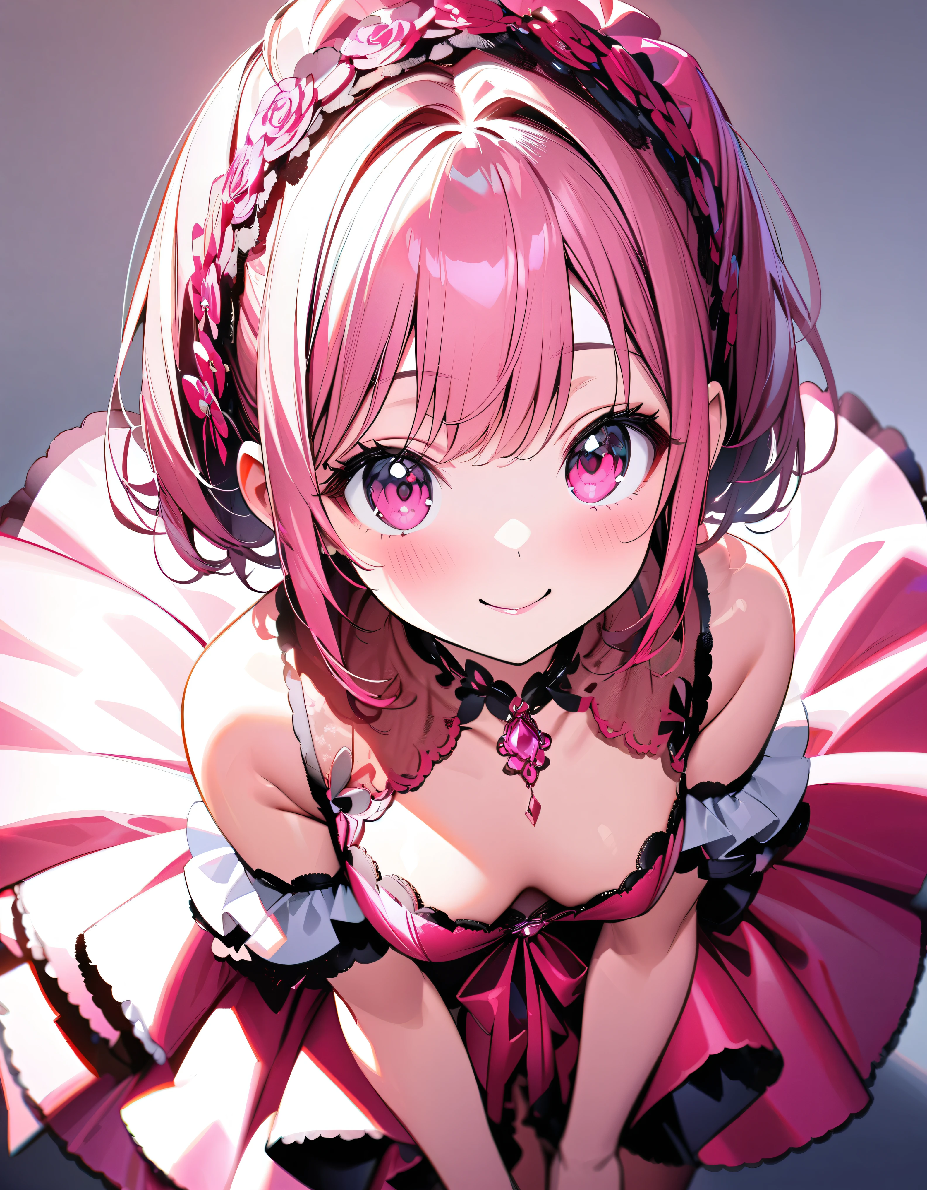 (((ultra detailed, highest quality, high resolution))),one anime girl, kawaii face, hot pink gown, gorgeous frills gown, delicate and transparent satin lace fabric, intricate details, portrait, happy smile, looking at viewer, from above, leaning forward, from front view, cowboy shot, 