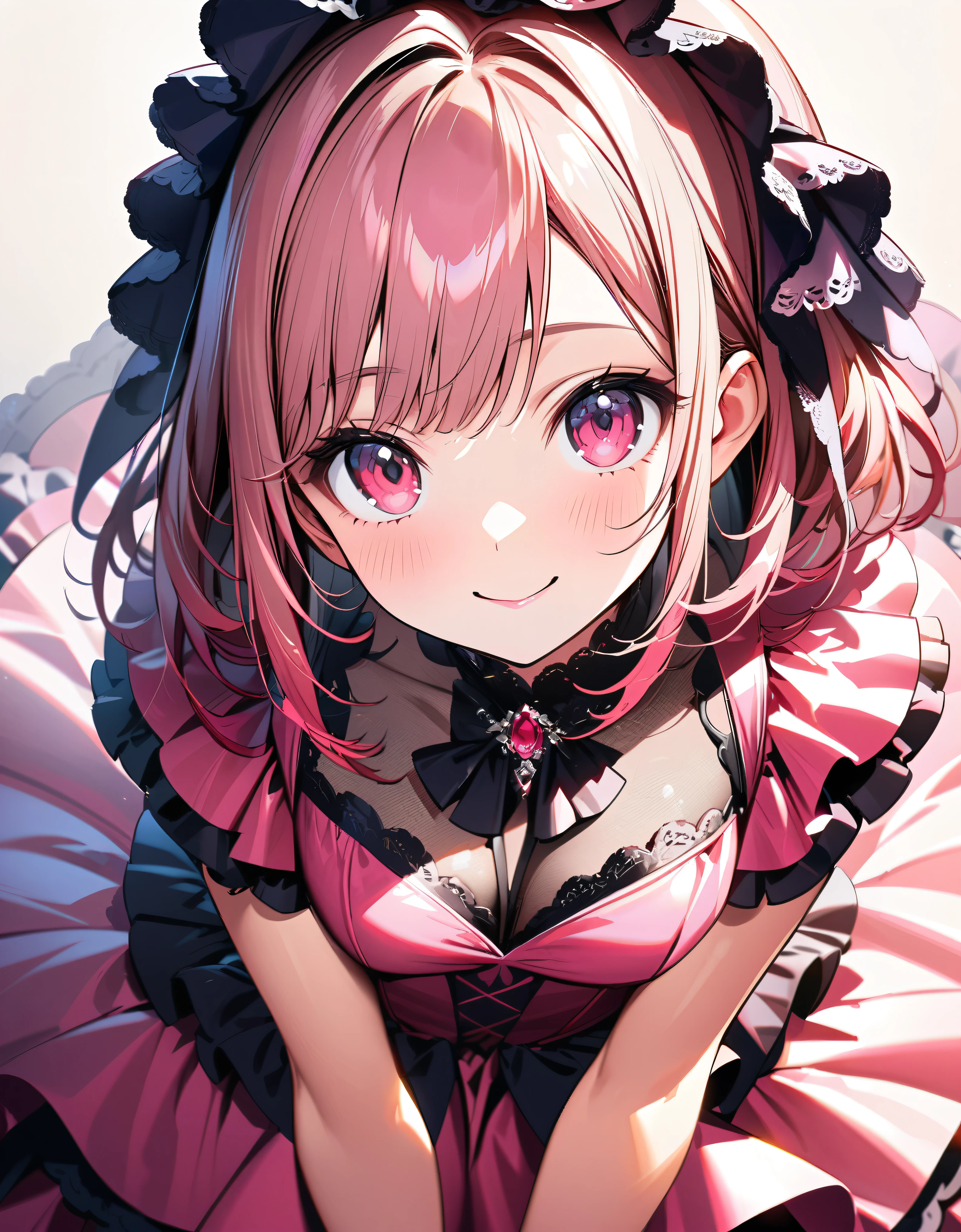 (((ultra detailed, highest quality, high resolution))),one anime girl, kawaii face, hot pink gown, gorgeous frills gown, delicate and transparent satin lace fabric, intricate details, portrait, happy smile, looking at viewer, from above, leaning forward, from front view, cowboy shot, 