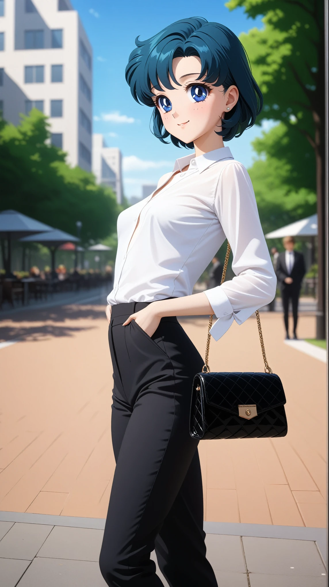 (masterpiece), best quality, very aesthetic, ultra detailed, complex details, 4K, aamercury, short hair, blue hair, blue eyes, small breasts, small breasts, white business shirt, black formal trousers, women's handbag, high heels, street park, standing sexy poses, smile