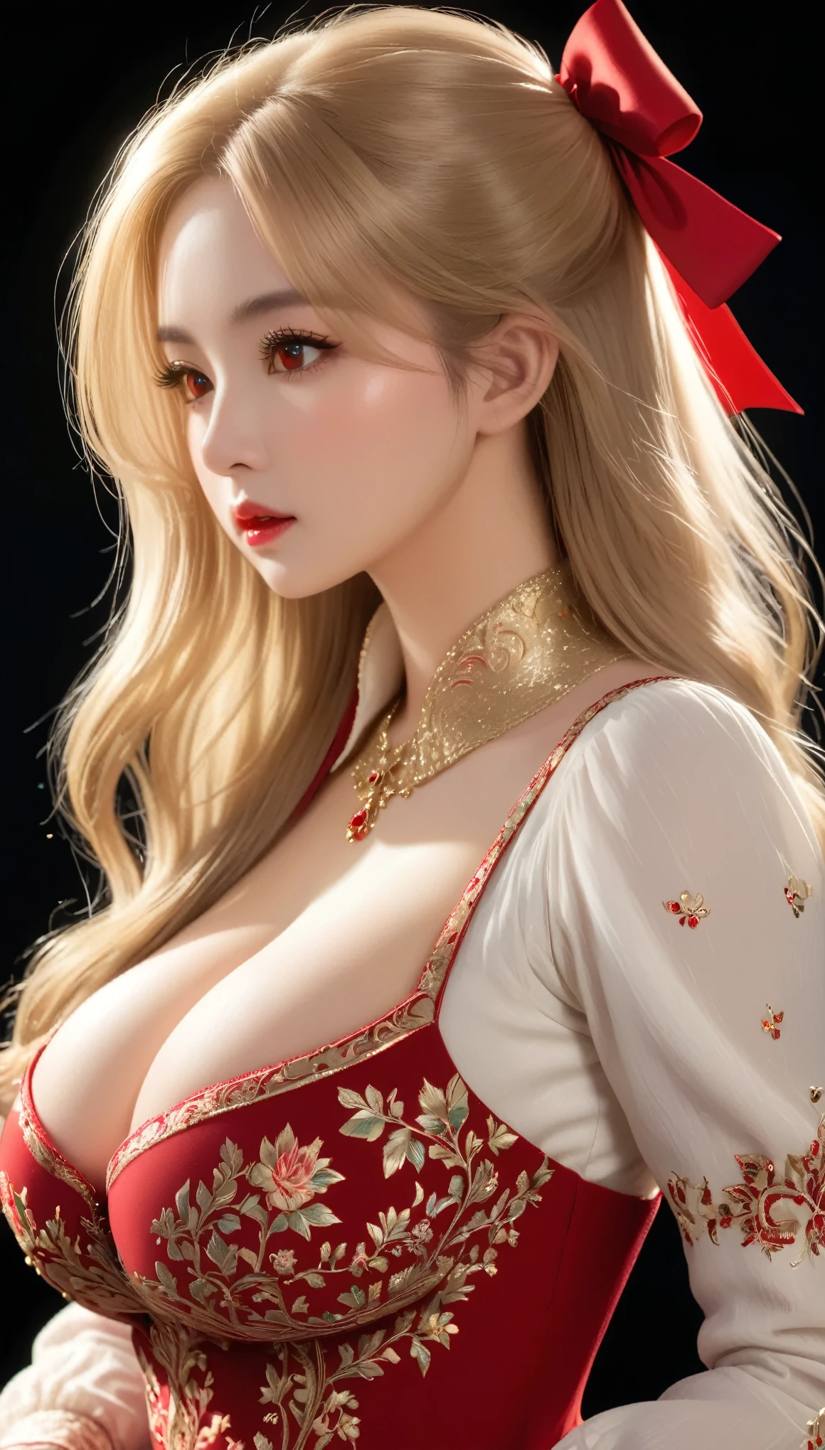 light particles, soft lighting, volumetric lighting, intricate details, finely detailed,1girl, solo, full body shot, (beautiful and ample breasts:1.5) and a huge waist,blonde hair, long hair, high ponytail,red eyes, long eyelashes, thick eyelashes, looking at viewer,red dress, ornate dress, backless dress, puffy sleeves, juliet sleeves, (long sleeves:1.2), red bow,black background, simple background, from side,