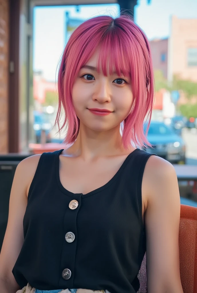 Midsummer day in New York, close-up portrait of Asian woman from waist up, belly, sparkling eyes, piercings, punk, messy pink hair, colorful, very slim, healthy, small chest, muscular, weathered, heavy eyeliner, eyes, defined cheekbones, sculpted jawline, ((very large busty breasts:1.6)), elegant, beautiful woman in (black oversized tank top with side-open armpit-revealing design:1.4) and (low-rise jeans:1.4) looks at the viewer with a refreshing smile, (exposed armpits), natural beauty, magnetic, charismatic, versatile, reflected light in front of large glass windows of upscale New York cafe, blurred background