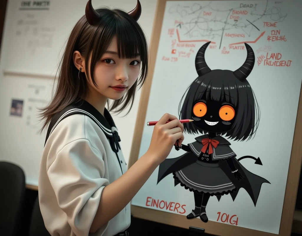 She wants to paint a cute devil girl in the style of the great creator "uyciak", ultra-realistic, photorealistic, dramatic scene, shadow, global-illumination, solo, (20 years old Japanese famous idol girl:1.5), very beautiful fragile Japanese girl, very beautiful with very cute but boyish cool face, she is Japanese office worker, wearing office worker's uniform, She is in a conference room with members of her company's board of directors, She is presenting her new business plan in front of a whiteboard, She draws very realistic smiled Chibi-anime-devil-black-girl on a large whiteboard using only magic markers, the chibi-anime-devil-black-girl that she is drawing is 1girl\(dark black devil,cute,big eyes,large circle eyes,black skin,evil smile,long nail,orange eyes, vivid orange eyes, dark black skin, looking down,wearing capelet\(big,long,Tattered\), backlit,full body\), window with curtain, A magnificent work using the blackboard as a canvas, many complecated graphs and other description of the business plans are on the whiteboard,