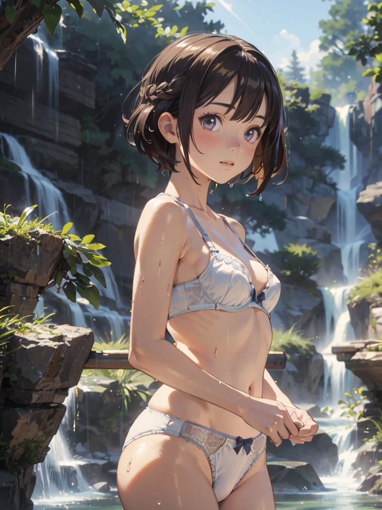  ((bust up shot)), ((from side)),((a wet body))、Rain-drenched body、Shiny body、pointed Nipple、(nipples stand up),highres, sharp focus, pixiv masterpiece, ((intricate details)), highly detailed, upper body, 1girl, (((pixel-perfect, detail-perfect))), solo, 1girl, ((Upper and lower underwear)),((White bra)), ((White panty)) (((Smaller chest))),((Smaller chest))),、 (((I can see my panties))), ((White panty))、(((cameltoe:1.1))),、((Smaller chest)), ((small )), looking at viewer, smile, upper body,   ((bust up shot)), lace curtain silhouette:1.2、front facing、I can only see your face、Particles of light:0.5,(masutepiece, Best Quality:1.2), 1 girl in, Solo, Scenery, Illustration, Looking at Viewer,  Ultra-realistic 8K CG，tmasterpiece，（（Ultra detailed backgrounds，delicate patterns，intricate-detail））best qualtiy，very vey very detailed face，extremely detailed eye and face，Very detailed eyes， (hi-top fade:1.3)、Bright theme、Muted Tones、Subdued Color、highly contrast、(natural skin textures、Hyper-Realism、Soft light、sharp), ((waterfall background)), Sun'rays