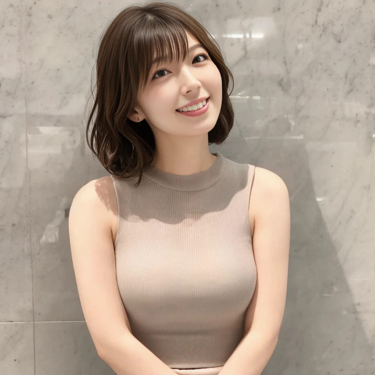  mature girlfriend 、Clear、virgin、28 years old、  wavy shoulder length hair 、Double teeth、Shapely breasts、 bright 、Japanese、Fits the bodyＶknitted shirt with neck、Enhances the shape of the breasts、 realistic feel