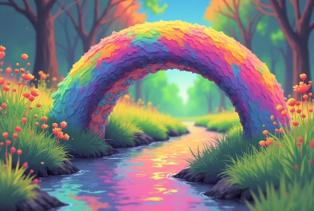 A high-resolution photograph of an unusual bridge in a vibrant, surrealistic style. The bridge spans a quaint stream, joining two sides of a meadow into a striking piece of art. The bridge has a smooth, polished surface with a mesmerizing, swirling pattern that resembles a rainbow. The colours in the pattern range from red, yellow, pink, green, orange, purple and blue, creating a dynamic, visually striking and captivating image. The style is a blend of realism and fantasy, combining elements of both contemporary and surrealistic art.