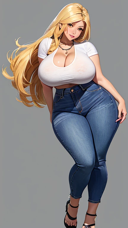 Best quality, high detailed, 8K quality, 4k resolution, Full body 20 years old chinese girl, blonde hair, necklace, gorgeous face, gigantic breast, curvy body, crop denim, massive breast and huge butt, playful expression, pose with both hands, gondo ass, big mamlon, big nipple