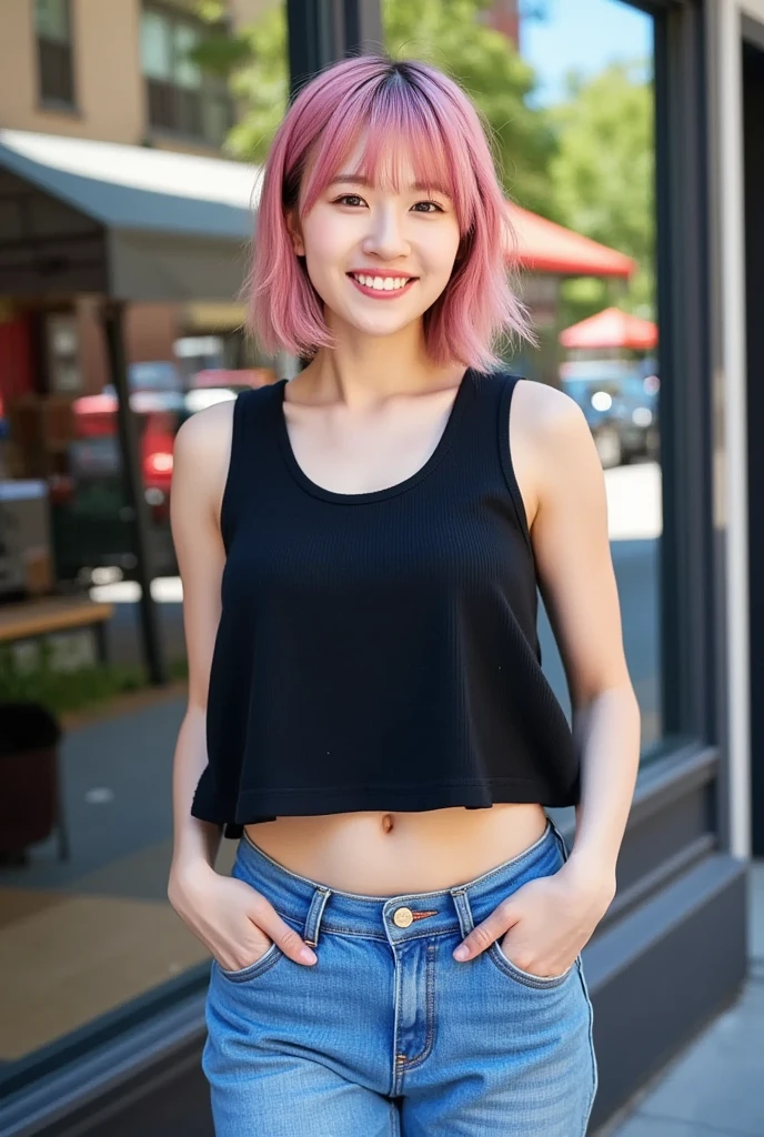 Waist up close-up portrait of Asian woman walking past large glass windows of upscale New York cafe on midsummer day in New York, midriff, sparkling eyes, piercings, punk, messy pink hair, colorful, very slim, healthy, small chest, muscular, weathered, heavy eyeliner, eyes, defined cheekbones, sculpted jawline, ((very large busty breasts:1.6)), elegant, beautiful woman wearing (black oversized tank top with side-open armpit-revealing design:1.4) and (low rise jeans:1.4) looks at the viewer with a refreshing smile, (exposed armpits:1.6), natural beauty, magnetic, charismatic, versatile, woman walking past large glass windows of upscale New York cafe, reflective light, blurry background