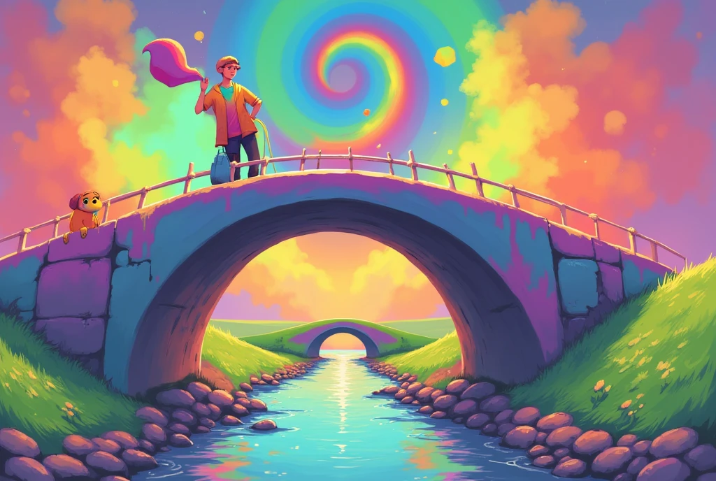 This is a digital painting in a vibrant, surrealistic style. A high-resolution photograph of an unusual bridge. The bridge spans a quaint stream, joining two sides of a meadow into a striking piece of art. The bridge has a smooth, polished surface with a mesmerizing, swirling pattern that resembles a rainbow. The colours in the pattern range from red, yellow, pink, green, orange, purple and blue, creating a dynamic, visually striking and captivating image. The style is a blend of realism and fantasy, combining elements of both contemporary and surrealistic art.