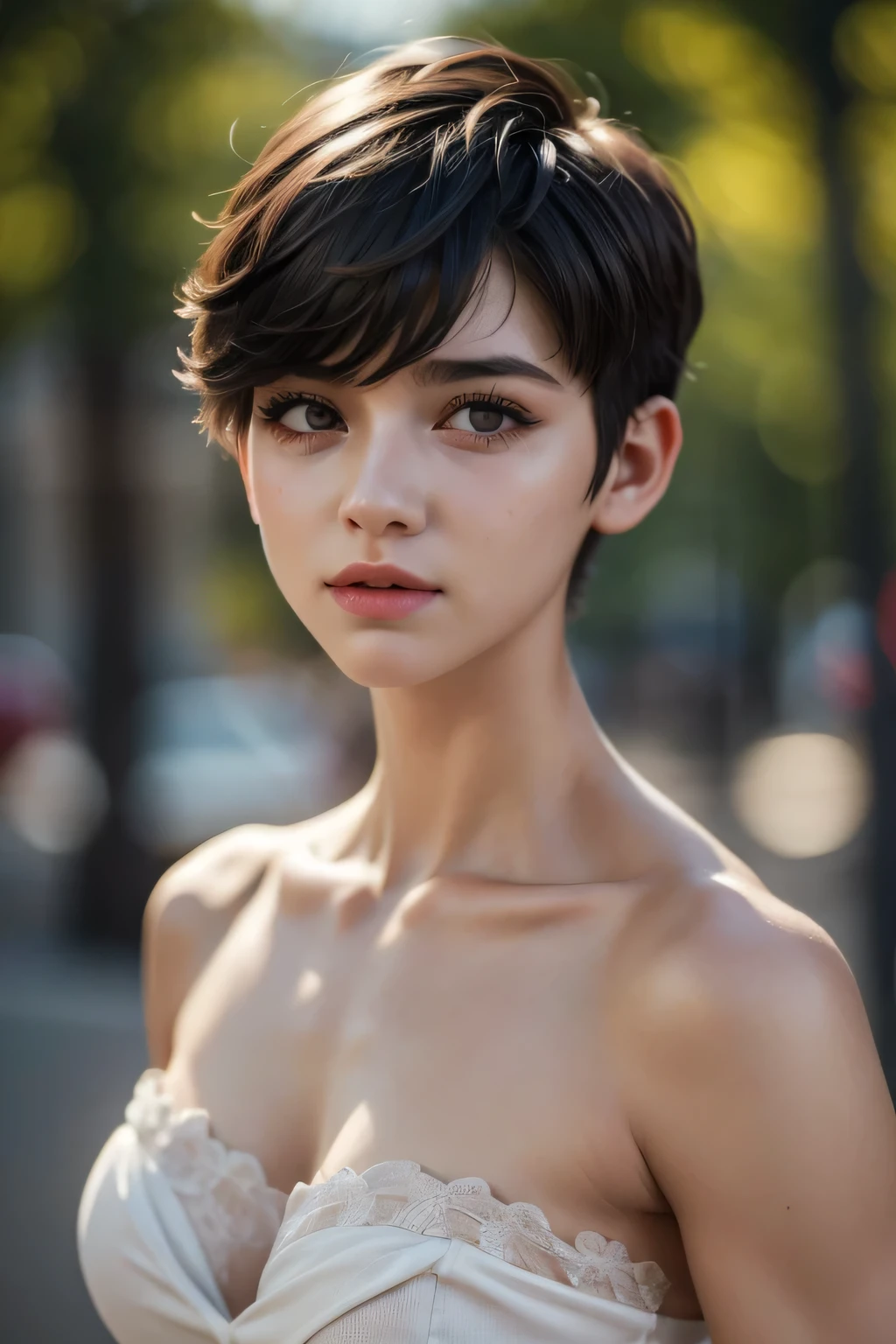 ((Femboy)), Shorthaircut Stylish, adorable, 1 femboy, (face to face), , ((baby face)), (cry sad face expression), half body portrait, (face details: 1), (eye details: 1), ((Small Breasts: -1.5)), Cute posed. proportional body. Ultra High Res. realistic: 1.4, UHD, (perfect white strapless)