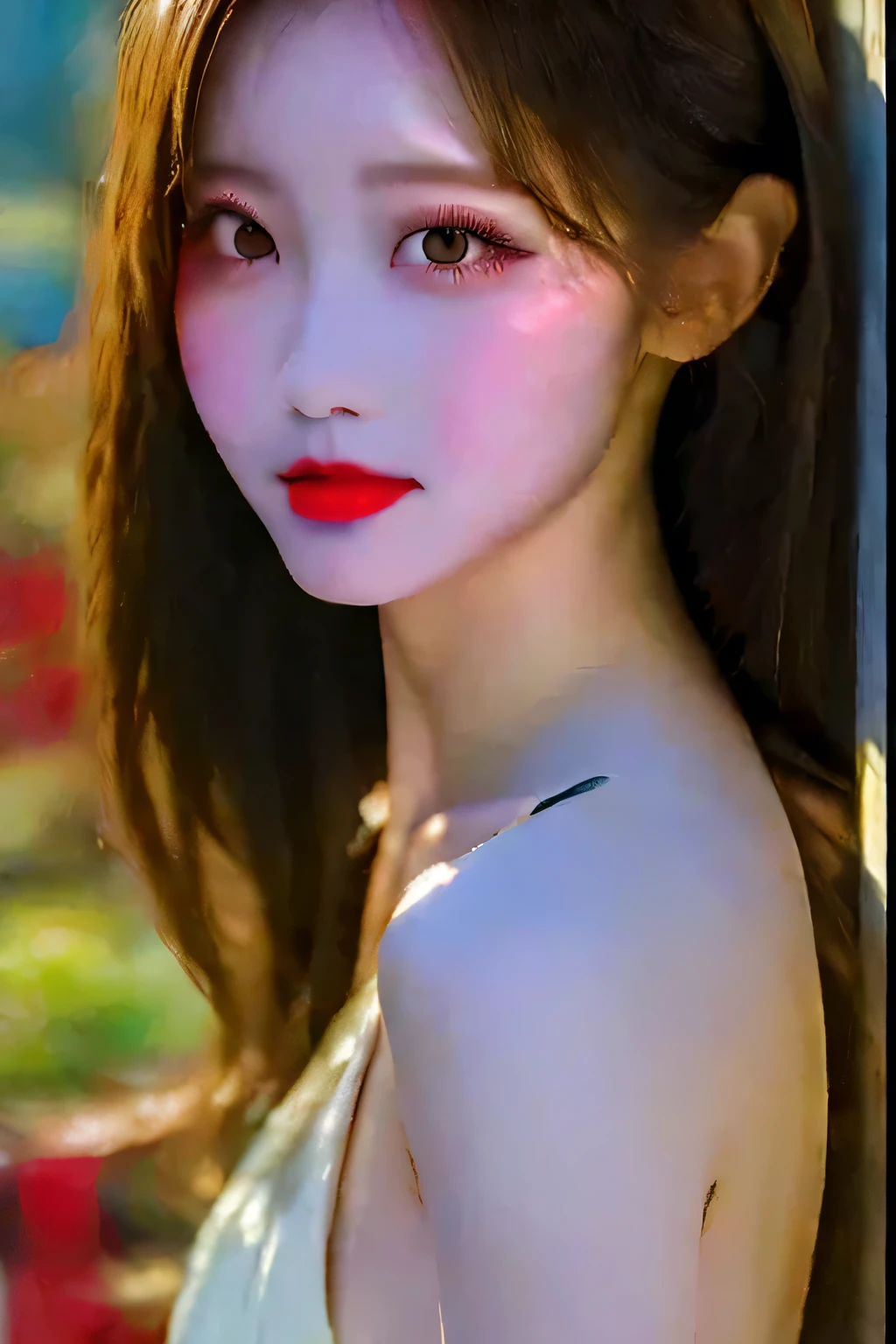  1 girl ,Bush, fashionable girl , Chinese dress ,Chinese clothes, hair flower,(masterpiece:1.4),( best quality:1.4),(shiny skin), red lips, watching viewers,Big Breasts,Cleft lip