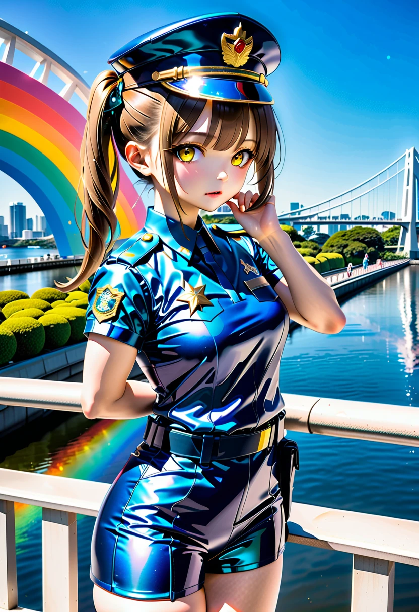 (( Rainbow Bridge in Odaiba :1.5、 Cars Passing by 、Sit on the balustrade:1.5)), ((Chibi:1.5)), ((((Taken diagonally from the front:1.5、from front:1.5)), side view:1.5, looking away:1.5)),  one girl who is at ease, ((Top Models:1.5))、 best quality, masterpiece,  ultra high resolution, (Realistic:1.4),  RAW photos ,  complex details,  Big Beautiful Dark Emerald Eyes :1.5, Perfect Contour, masterpiece, Silky Long Hair,  ((forehead:1.5、 ponytails bleeding from the vagina:1.5)), (full lips:1.5, pink lips:1.5, gloss lips:1.5, parted lips1.5),  slim、Short stature:1.5、(middle chest:1.2, Firm Chest :1.2, High chest:1.5),  (( Extremely Soft and Tight Fit Metallic Policewoman Uniform:1.5、 Super Shine Rainbow Deep Blue :1.5, Police hat:1.5)), (Talking on the radio :1.5、Touching your hair:1.5)、(( background is a rainbow bridge :1.5、 big clearly visible rainbow :1.5、Yellow Leaf :1.5))