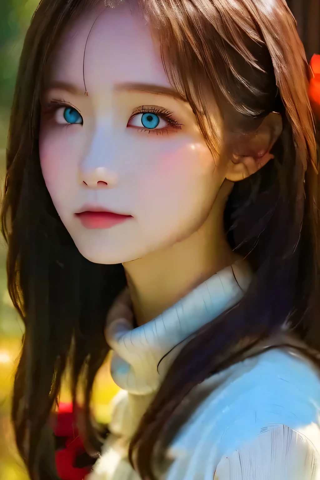 (masterpiece),  best quality,  super detailed, Illustration, Warm lighting,  soft lighting ,  bright color ,  1 girl, Alone,(  beautiful girl, Long Hair,  blue eyes, ribbon,  brown hair,  hair between eyes, hair ribbon,  side lock , very Long Hair,  messy hair,) , autumn,  lots of maple trees , Maple Leaf, Golden Leaf, autumn leaves, Dry leaves, river,   fresh air ,  peace, Cool breeze , Sweater Weather,(  Wears a White or Brown Sweater ,  red scarf, melancholyなautumn,  Wistful , melancholy,  sad ,I was worried, longing,)