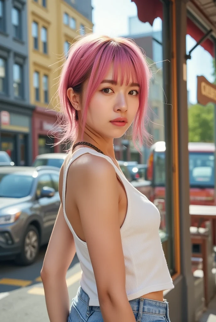 Close-up waist-up profile portrait of Asian woman walking in front of large glass windows of upscale New York cafe on midsummer day in New York, midriff, sparkling eyes, piercings, punk, messy pink hair, colorful, very slim, healthy, small chest, muscular, weathered, heavy eyeliner, eyes, defined cheekbones, sculpted jawline, ((very large busty breasts:1.6)), elegant, beautiful woman wearing (black oversized tank top with side-open armpit-revealing design:1.4) and (low-rise jeans:1.4) looks at the viewer with a refreshing smile, (exposed armpits:1.6), natural beauty, magnetic, charismatic, versatile, woman walking in front of large glass windows of upscale New York cafe, reflected light, blurred background