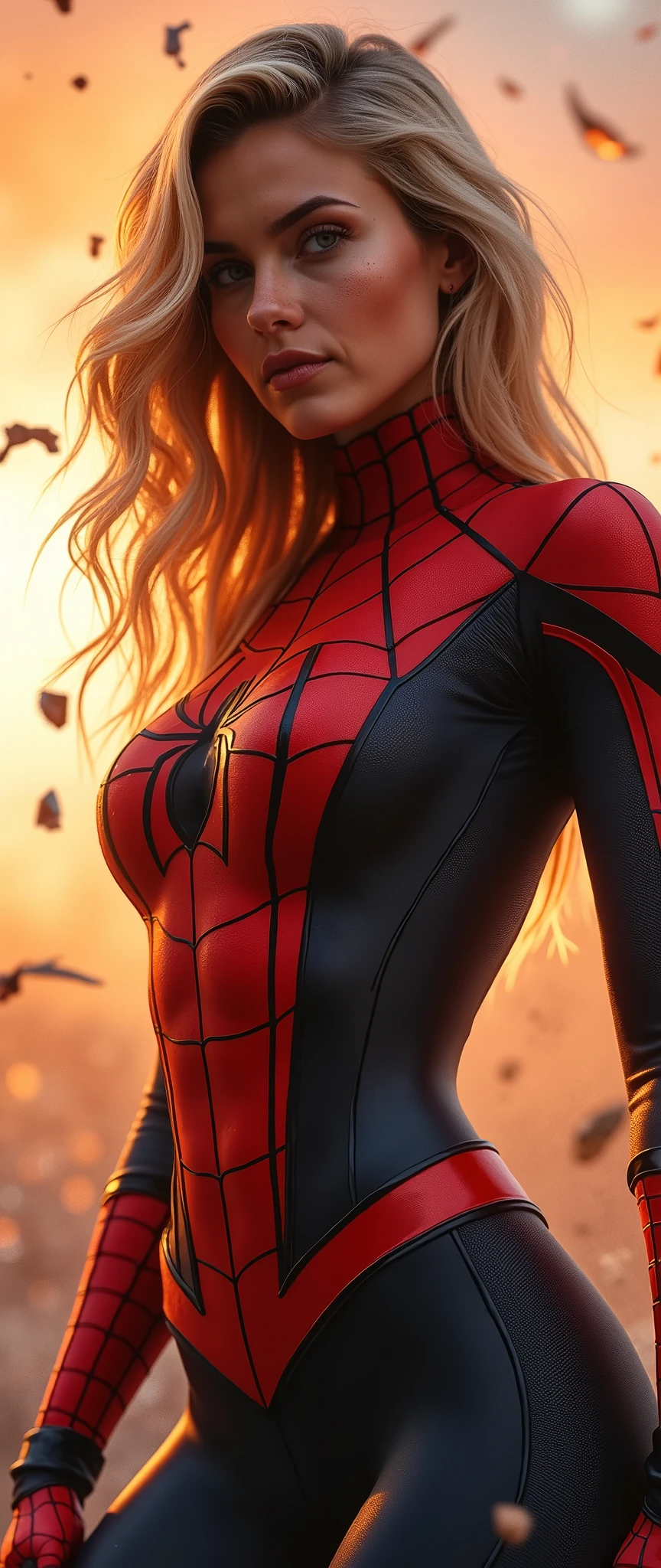 (masterpiece:1.2,Premium quality ,Mirror finish, cinematic experience ,Realistic:2.0, RAW photo:2.0),8k, wallpaper,( written boundary depth :1.6),( one woman),(Spider-Girl is flying over here .:2.0),( Spider-Man's uniform is made of very thin fabric:2.0),( ponytails bleeding from the vagina:2.0),( beautiful eyes :2.0),( very detailed face in light blue underwear:2.0),( beautiful eyes :2:0),(Detailed drawing of a female hand:2.0),(Super muscular:2.0),( super sexy :2.0),( Super Huge Boobs :2.0),( super thick thighs:2.0),( beautiful body:2.0),( super sexy :2.0),(dynamic:2.0),( detailed hands :2.0),(The background is a huge number of scattered glass shards..:2.0),(Dynamic Spiderman Pose:2.0),(dynamic angles:2.0),(The background is Spider-Man's spider silk :.2.0),(Sunset:2.0),(Backlight:2.0)