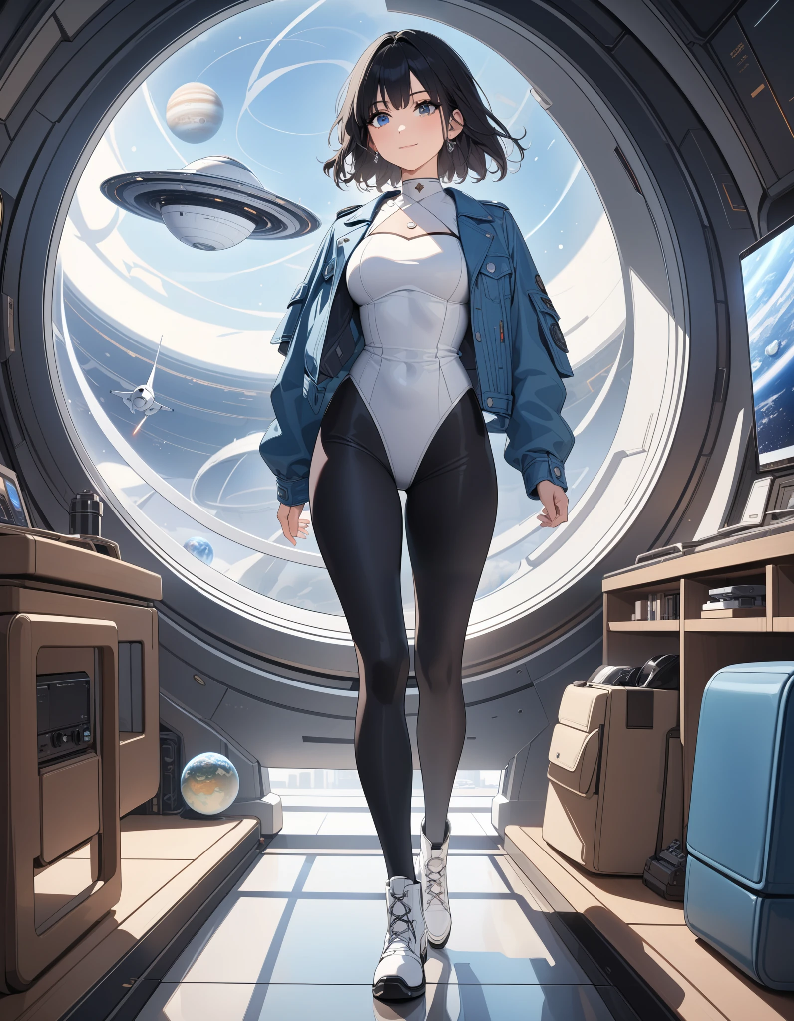 best quality, masterpiece, hires, highly detailed, 8k, solo, solo focus, 1girl, cute and attractive woman with black hair and blue eyes, blue leather jacket, white leotard, confident, full black leggings, white ankle boots, walking, smile, closed mouth, looking away, starship, indoors, window, planet outside the window, full body shot