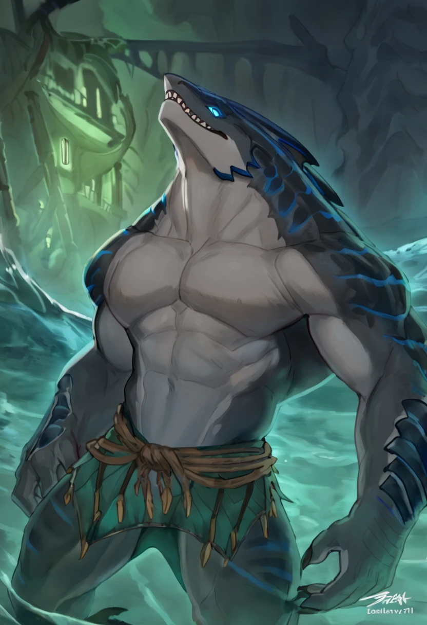 sharkman, gray belly, black and blue hands and fins, black back, solo, big arms, koholasaurus from genshin impact, wearing pants, bara, detailed smooth skin on abs, lizard shark hybrid, anthro, detailed scales, muscular, thick scales on arms and legs, proporcional body, wide chest, trapezoid body type, marked jaw, thick shark tail, best quality, 4k, ultra-detailed, by Buta99, by Zackary911, by laobai, by taran fiddler, detailed illustration of 4K, horror, thick green fog, pirate port scenery, standing near water, night, Arcane style