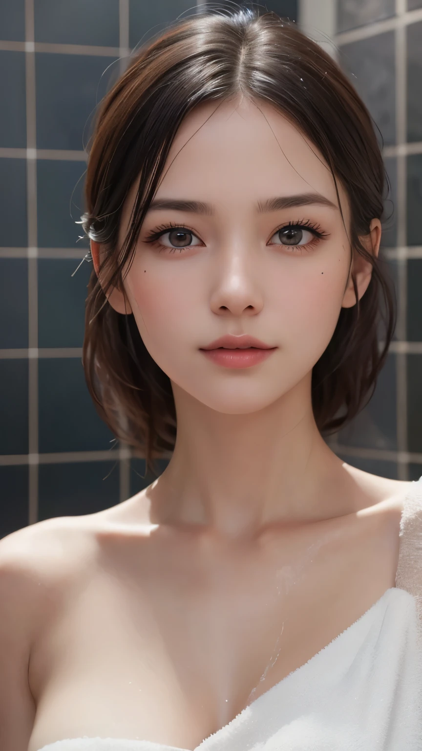 Extremely cute, amazing face and eyes, (extremely detailed beautiful face), (Ultra realistic), (highly detailed eyes, highly detailed hair, highly detailed face, highly detailed plump lips), breasts, upper body, cute smile, (best quality:1.4), Raw photo, (realistic, photo-realistic:1.37), professional photography, cinematic light, Masterpiece, (Realistic:1.2), 1 girl, Detailed face, Beautiful eye masterpiece:1.3), (fine detailed beautiful eyes: 1.2), (Extremely detailed Cg Unity 8K wallpaper, Ultra-detailed, Best shadow), (Detailed background), (Beautiful detailed face, Beautiful detailed eyes), High contrast, (Best illumination, An extremely delicate and beautiful), Dynamic Angle, beautiful detailed glow, Cowboy shot, Glowing, Ultra high quality, (photograph:1.2), (Highest image quality:1.4), ultra high resolution, (detailed facial features), (Detailed garment features), 8K resolution, solo focus, 20 year old, small face, no makeup, bangs, (realistic beautiful skin), charming, High definition, large bre, cool beauty, ((naked towel, shower room))