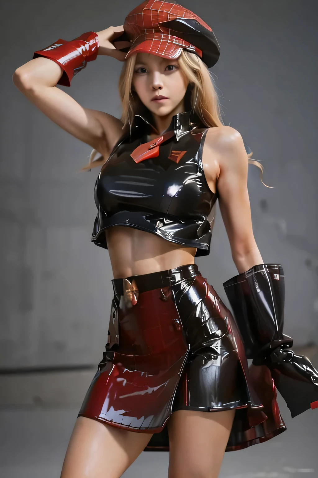 　 Perfect Anatomy　 best quality, highest resolution,(((Latex Costume　 red hat 　red latex check skirt　Blonde　Dark blue eyes　sweat　 out of your belly button)))　God Eater　Alisa Ilinichna Amiella